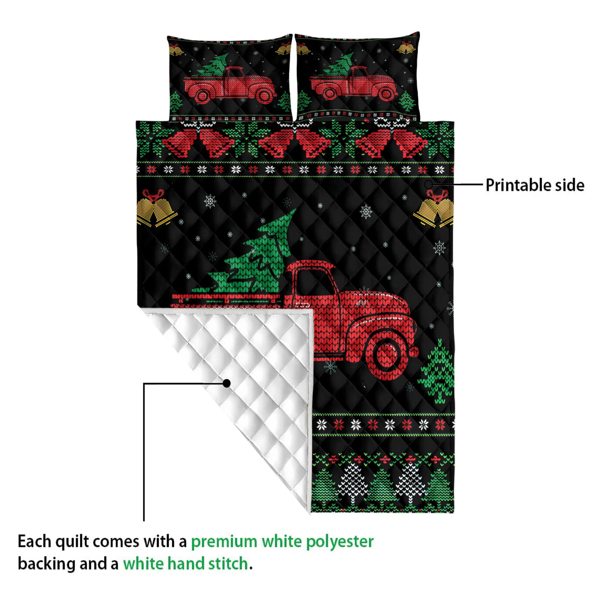 Ohaprints-Quilt-Bed-Set-Pillowcase-Red-Truck-With-Christmas-Tree-Snowflake-Bell-Ugly-Chrismas-Pattern-Blanket-Bedspread-Bedding-3991-Queen (80'' x 90'')