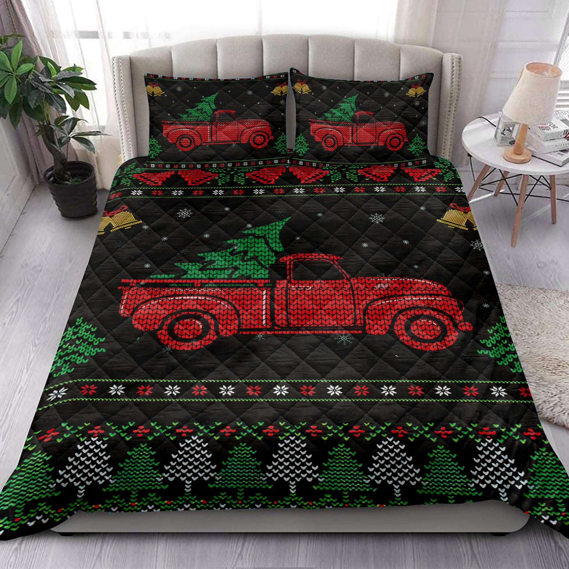 Ohaprints-Quilt-Bed-Set-Pillowcase-Red-Truck-With-Christmas-Tree-Snowflake-Bell-Ugly-Chrismas-Pattern-Blanket-Bedspread-Bedding-3991-King (90'' x 100'')