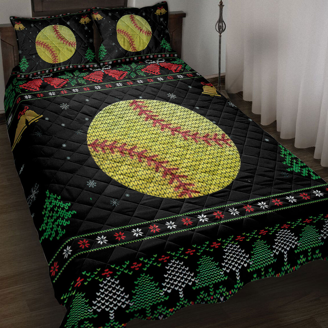 Ohaprints-Quilt-Bed-Set-Pillowcase-Softball-Snowflake-Bell-Ugly-Chrismas-Pattern-Gift-For-Softball-Fan-Blanket-Bedspread-Bedding-3993-Throw (55'' x 60'')