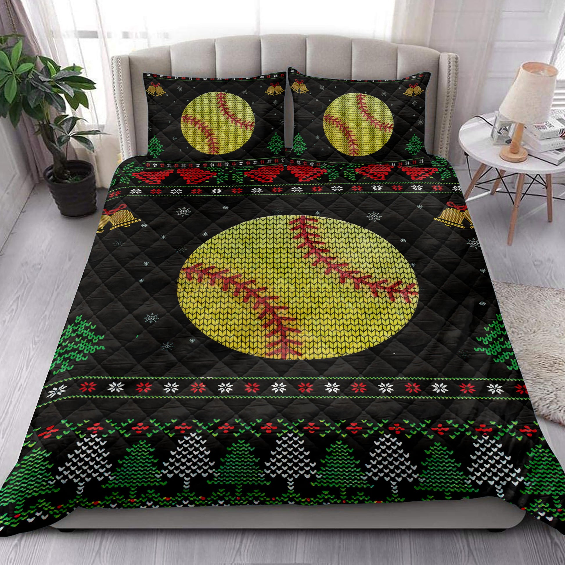 Ohaprints-Quilt-Bed-Set-Pillowcase-Softball-Snowflake-Bell-Ugly-Chrismas-Pattern-Gift-For-Softball-Fan-Blanket-Bedspread-Bedding-3993-King (90'' x 100'')