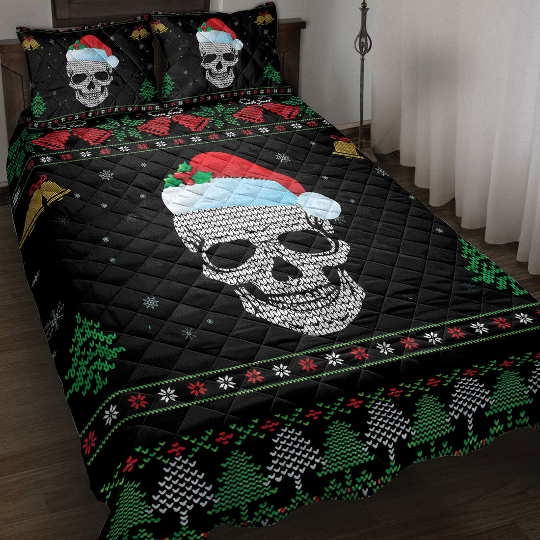 Ohaprints-Quilt-Bed-Set-Pillowcase-Beautiful-Skull-With-Santa-Hat-Snowflake-Bell-Ugly-Chrismas-Pattern-Blanket-Bedspread-Bedding-3996-Throw (55'' x 60'')