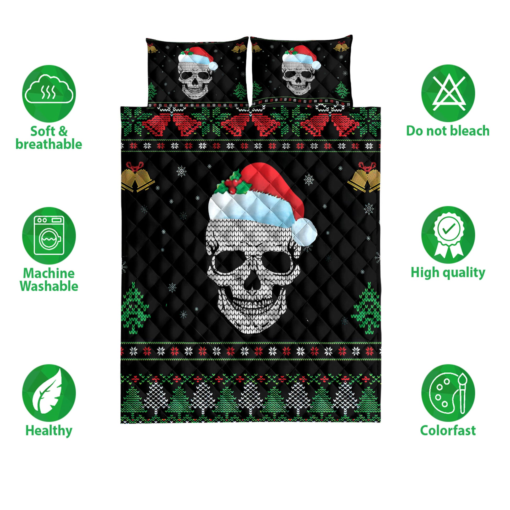 Ohaprints-Quilt-Bed-Set-Pillowcase-Beautiful-Skull-With-Santa-Hat-Snowflake-Bell-Ugly-Chrismas-Pattern-Blanket-Bedspread-Bedding-3996-Double (70'' x 80'')