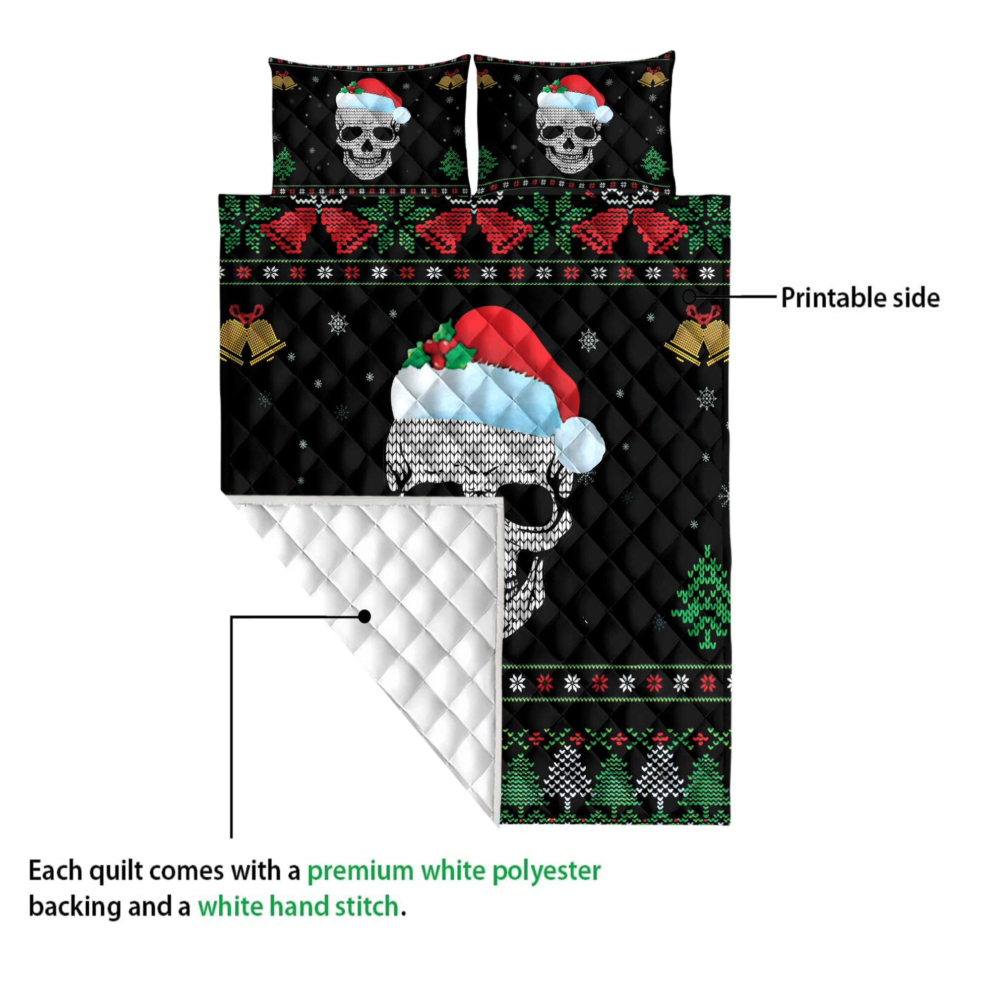 Ohaprints-Quilt-Bed-Set-Pillowcase-Beautiful-Skull-With-Santa-Hat-Snowflake-Bell-Ugly-Chrismas-Pattern-Blanket-Bedspread-Bedding-3996-Queen (80'' x 90'')