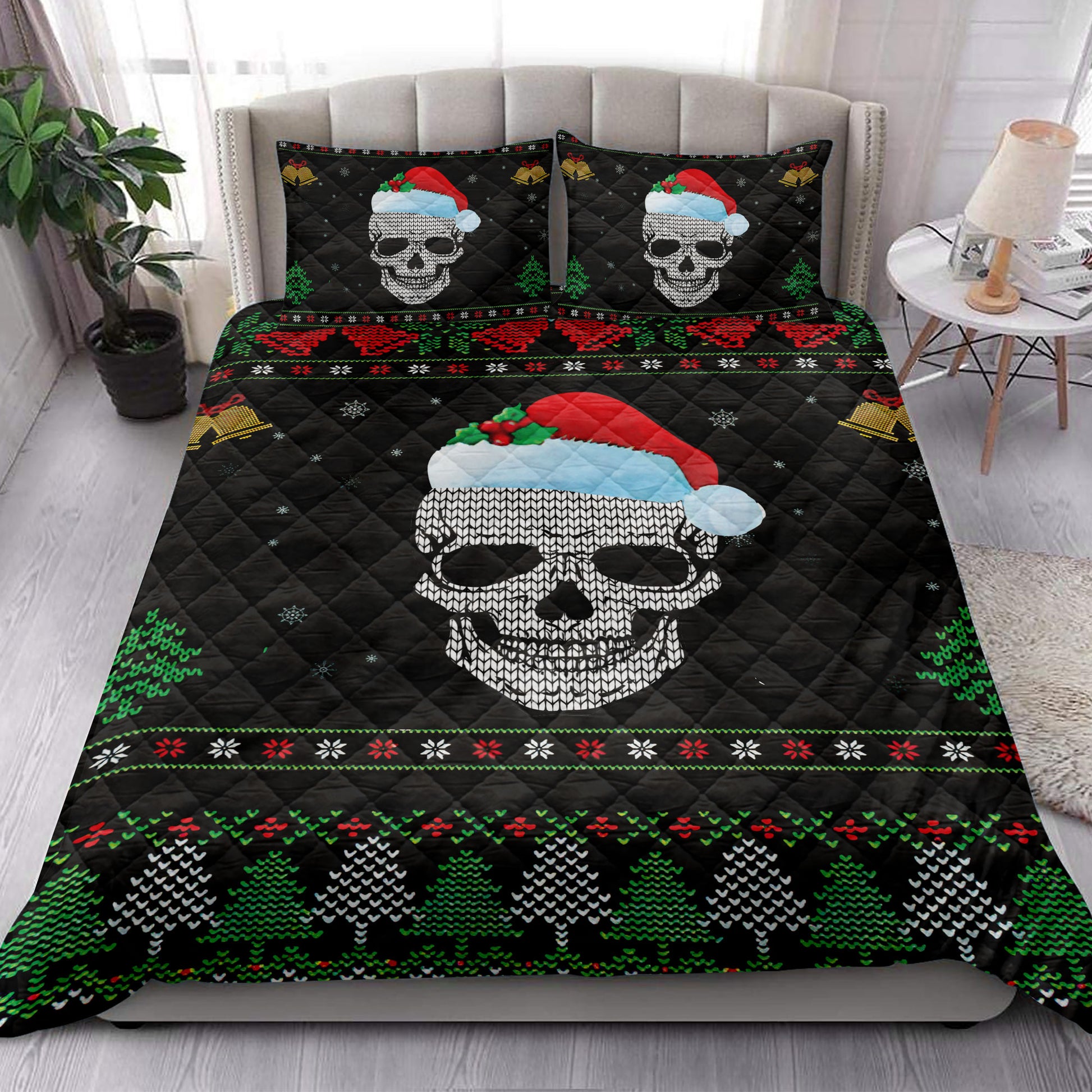 Ohaprints-Quilt-Bed-Set-Pillowcase-Beautiful-Skull-With-Santa-Hat-Snowflake-Bell-Ugly-Chrismas-Pattern-Blanket-Bedspread-Bedding-3996-King (90'' x 100'')