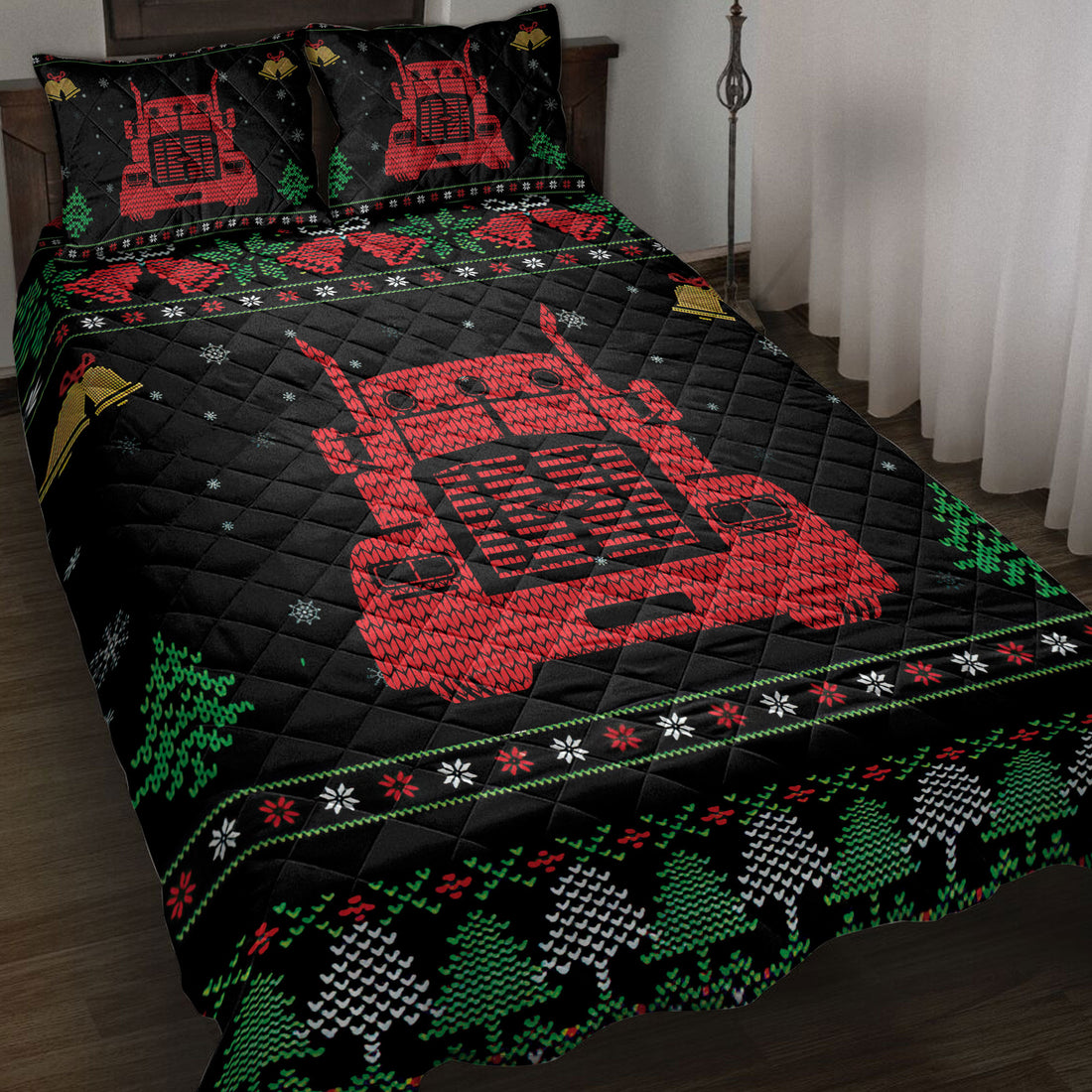 Ohaprints-Quilt-Bed-Set-Pillowcase-Red-Truck-Snowflake-Bell-Ugly-Chrismas-Pattern-Gift-For-Trucker-Blanket-Bedspread-Bedding-3997-Throw (55'' x 60'')