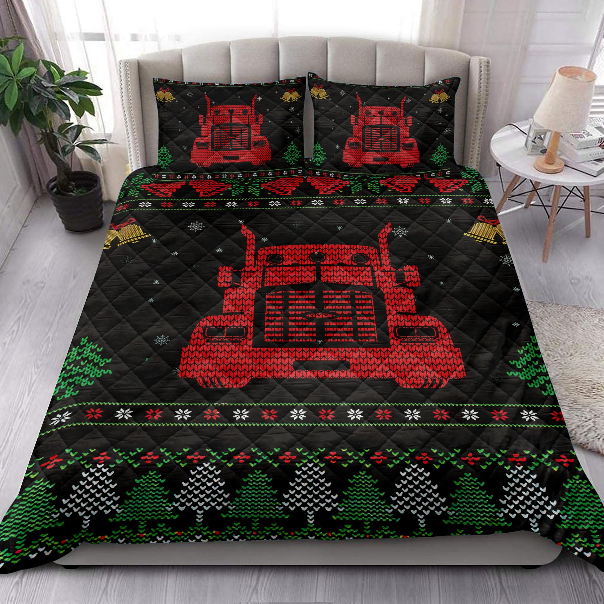 Ohaprints-Quilt-Bed-Set-Pillowcase-Red-Truck-Snowflake-Bell-Ugly-Chrismas-Pattern-Gift-For-Trucker-Blanket-Bedspread-Bedding-3997-King (90'' x 100'')