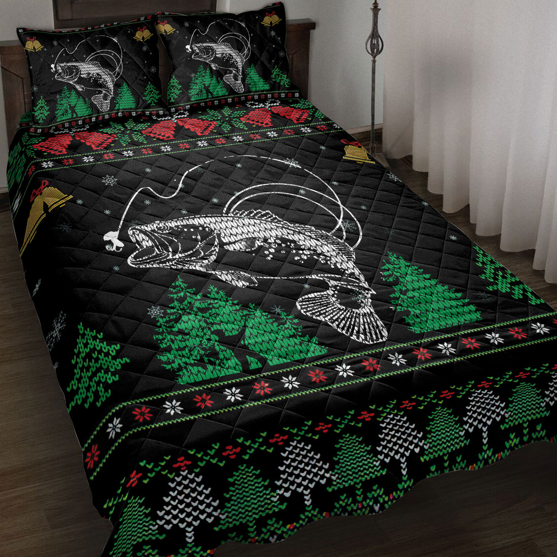 Ohaprints-Quilt-Bed-Set-Pillowcase-Fishing-Snowflake-Bell-Ugly-Chrismas-Pattern-Unique-Gift-Fishermen-Blanket-Bedspread-Bedding-3998-Throw (55'' x 60'')