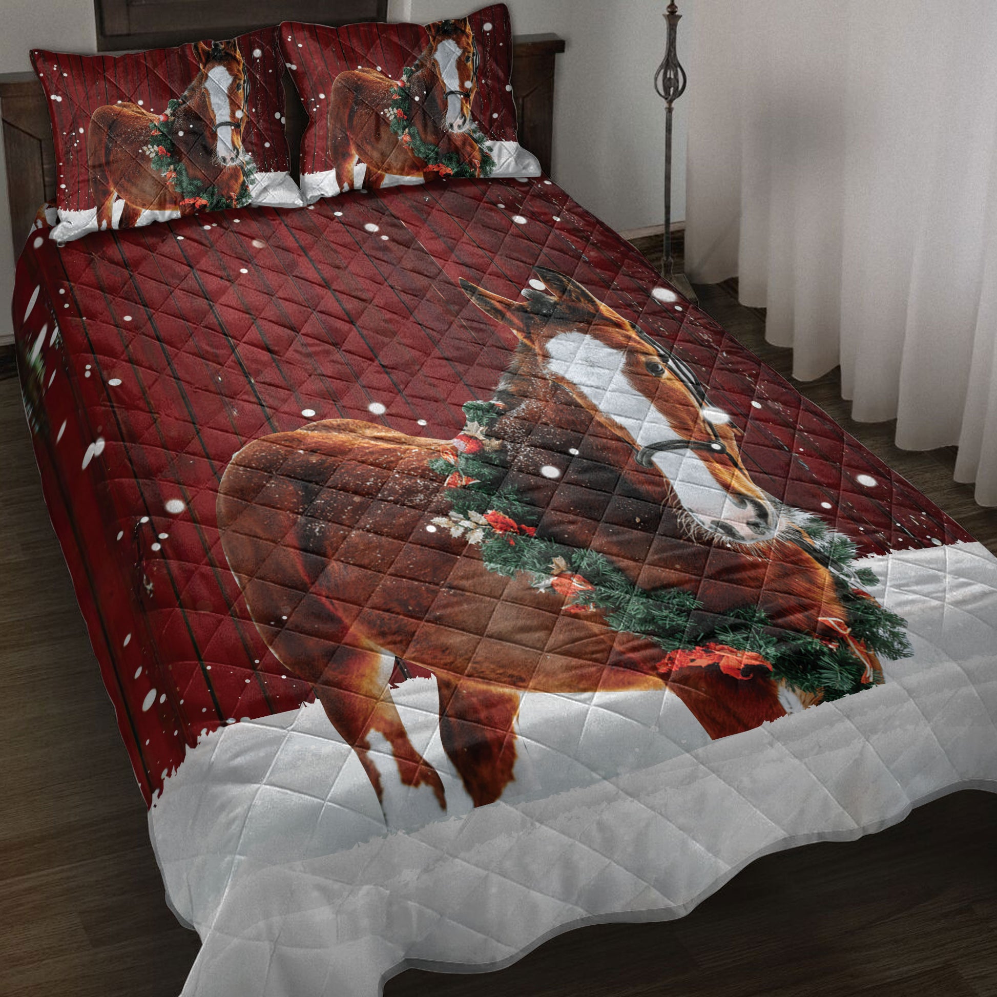 Ohaprints-Quilt-Bed-Set-Pillowcase-Horse-With-Wreath-Christmas-Farm-Animal-Gift-For-Horse-Lover-Blanket-Bedspread-Bedding-3999-Throw (55'' x 60'')