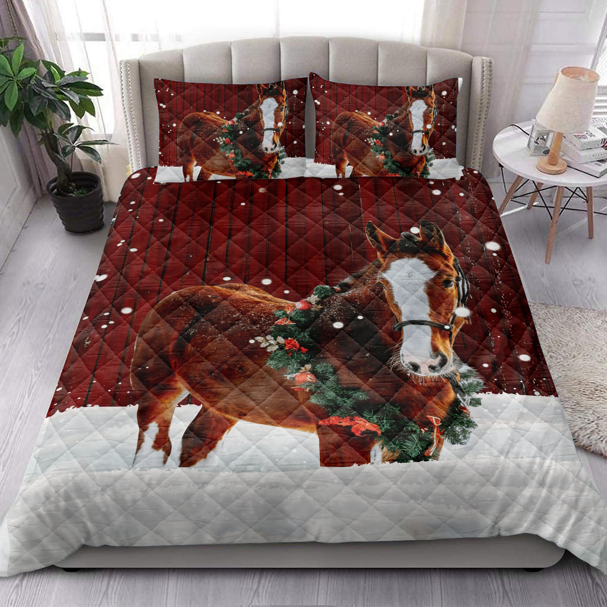 Ohaprints-Quilt-Bed-Set-Pillowcase-Horse-With-Wreath-Christmas-Farm-Animal-Gift-For-Horse-Lover-Blanket-Bedspread-Bedding-3999-King (90'' x 100'')