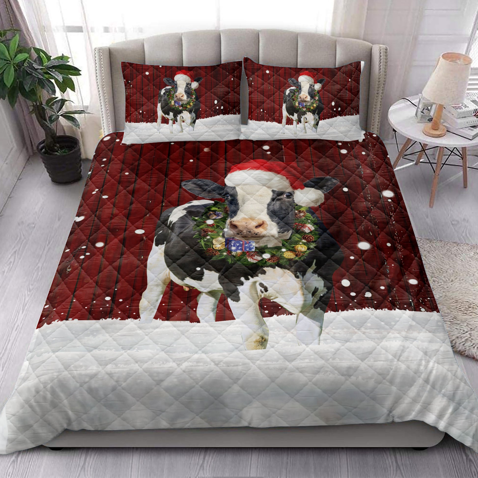 Ohaprints-Quilt-Bed-Set-Pillowcase-Cow-With-Wreath-Christmas-Farm-Animal-Unique-Gift-For-Cow-Lover-Blanket-Bedspread-Bedding-4001-King (90'' x 100'')