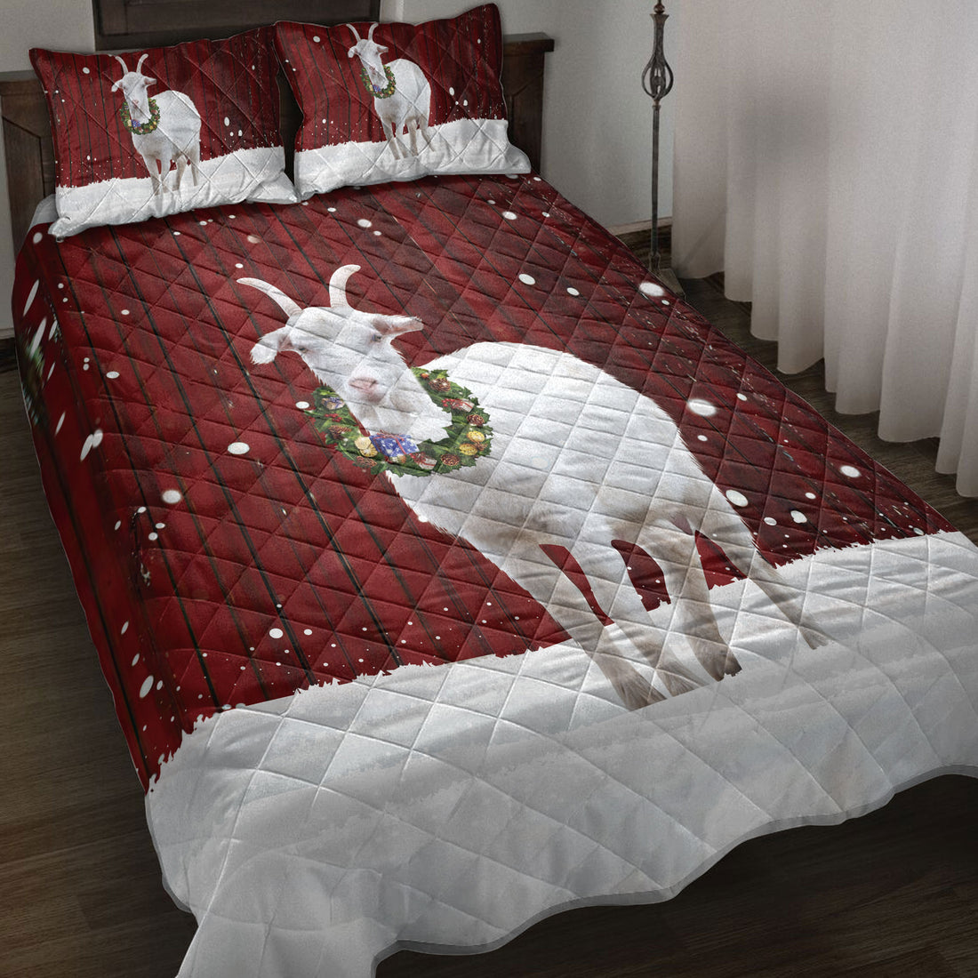 Ohaprints-Quilt-Bed-Set-Pillowcase-Goat-With-Wreath-Christmas-Farm-Animal-Unique-Gift-For-Goat-Lover-Blanket-Bedspread-Bedding-4002-Throw (55'' x 60'')