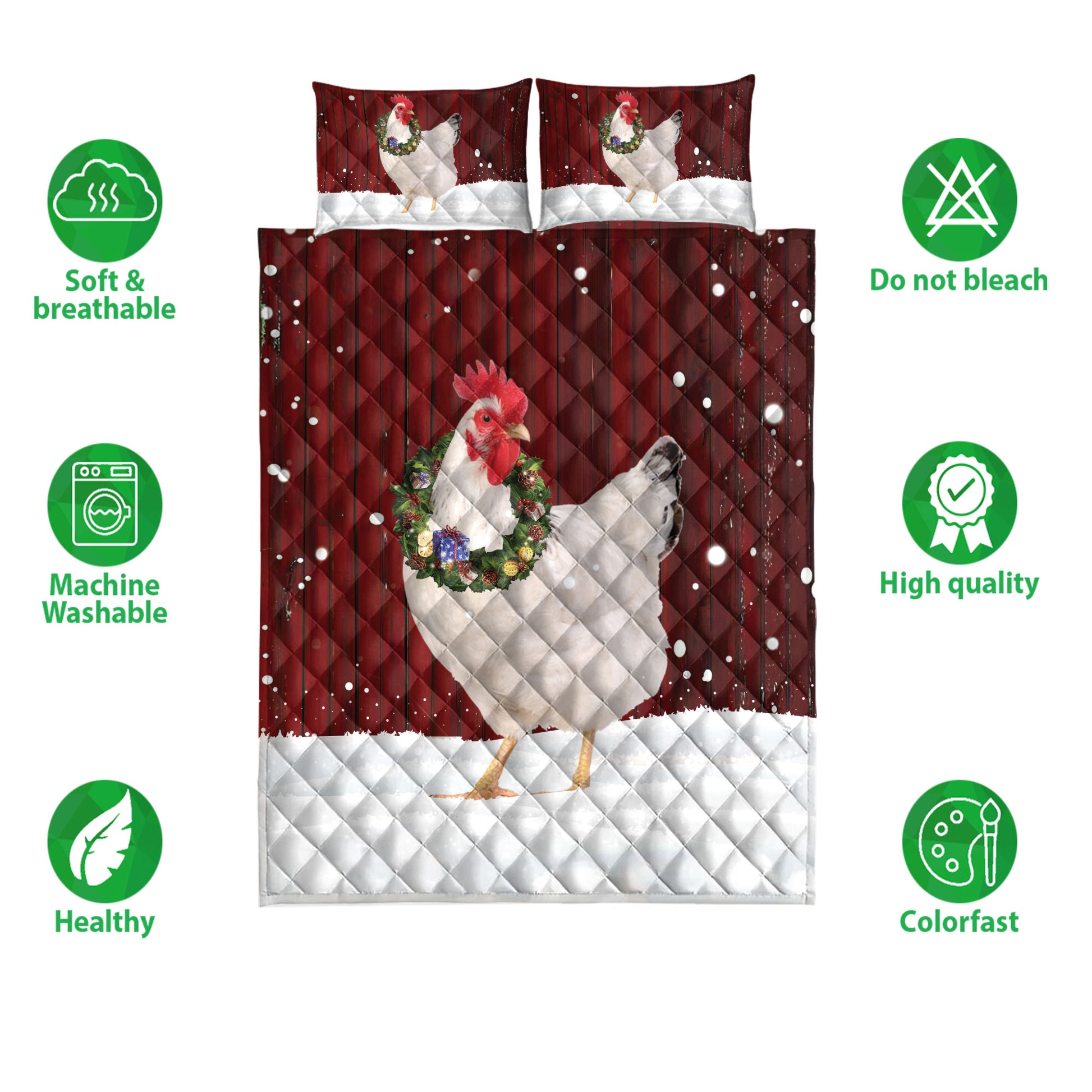 Ohaprints-Quilt-Bed-Set-Pillowcase-Chicken-Wreath-Christmas-Farm-Animal-Unique-Gift-For-Chicken-Lover-Blanket-Bedspread-Bedding-4005-Double (70'' x 80'')