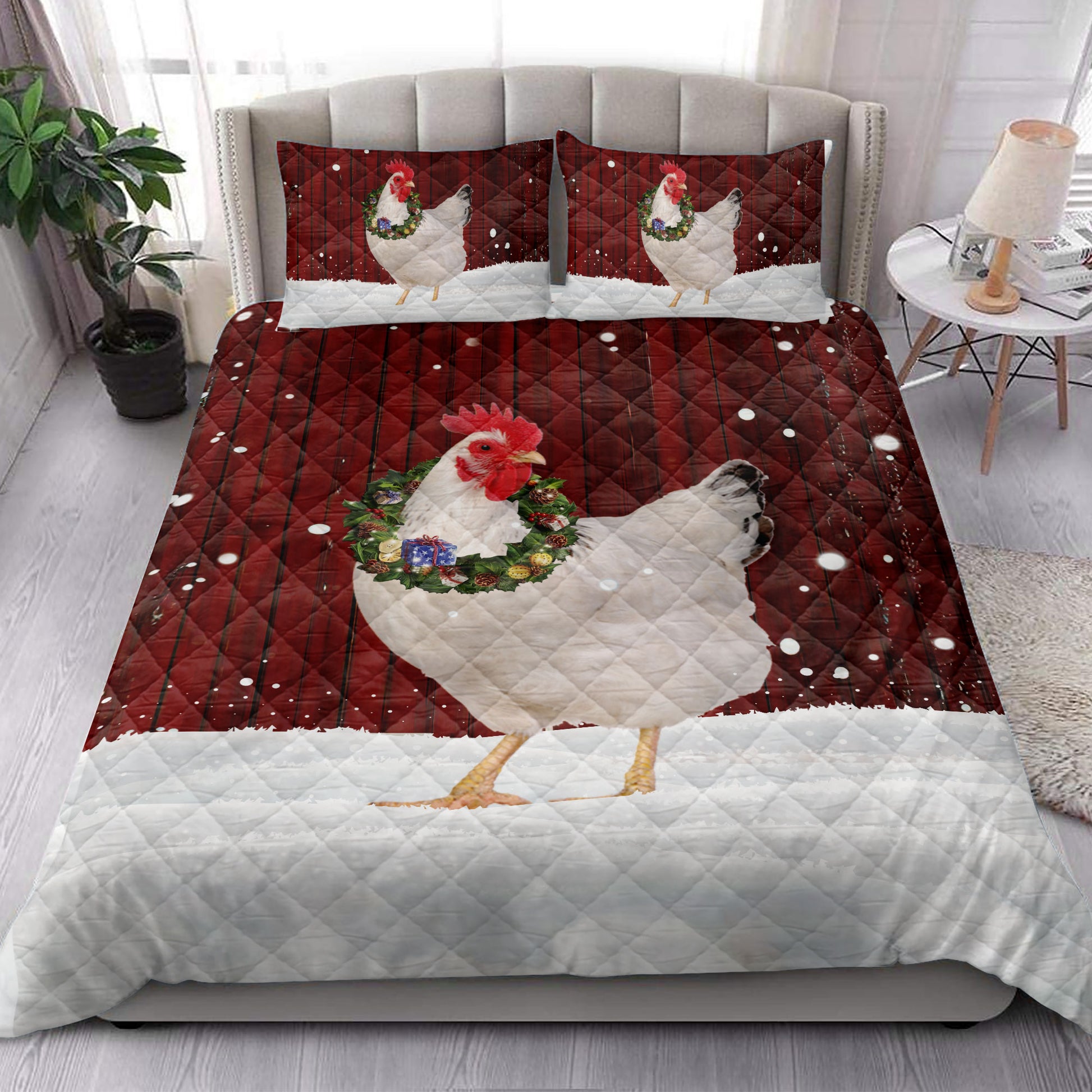 Ohaprints-Quilt-Bed-Set-Pillowcase-Chicken-Wreath-Christmas-Farm-Animal-Unique-Gift-For-Chicken-Lover-Blanket-Bedspread-Bedding-4005-King (90'' x 100'')