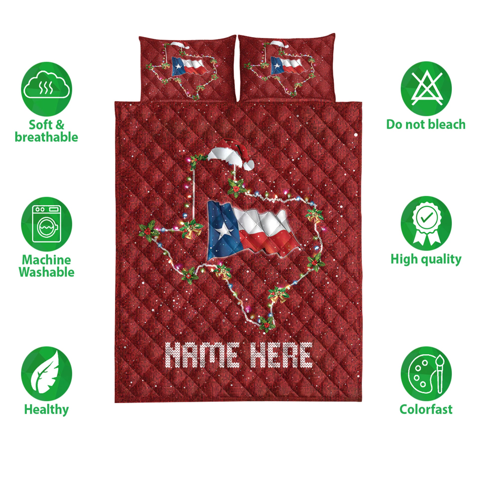 Ohaprints-Quilt-Bed-Set-Pillowcase-Texas-Christmas-Hat-String-Lights-Western-Custom-Personalized-Name-Blanket-Bedspread-Bedding-4006-Double (70'' x 80'')