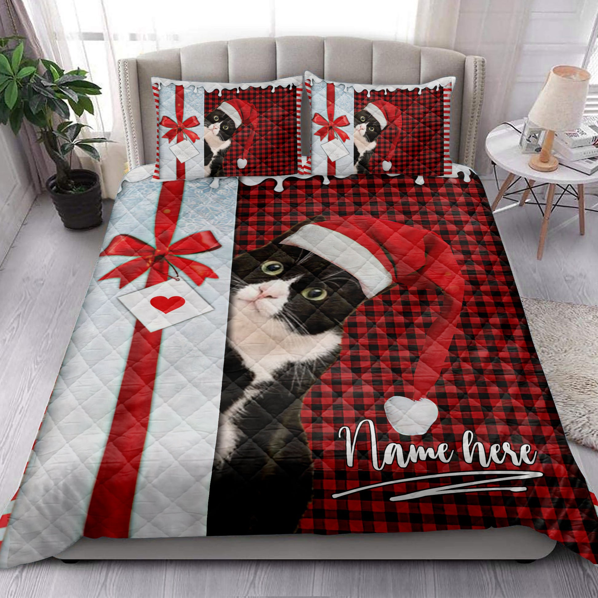 Ohaprints-Quilt-Bed-Set-Pillowcase-Tuxedo-Cat-Santa-Hat-With-Christmas-Letter-Custom-Personalized-Name-Blanket-Bedspread-Bedding-4007-King (90'' x 100'')