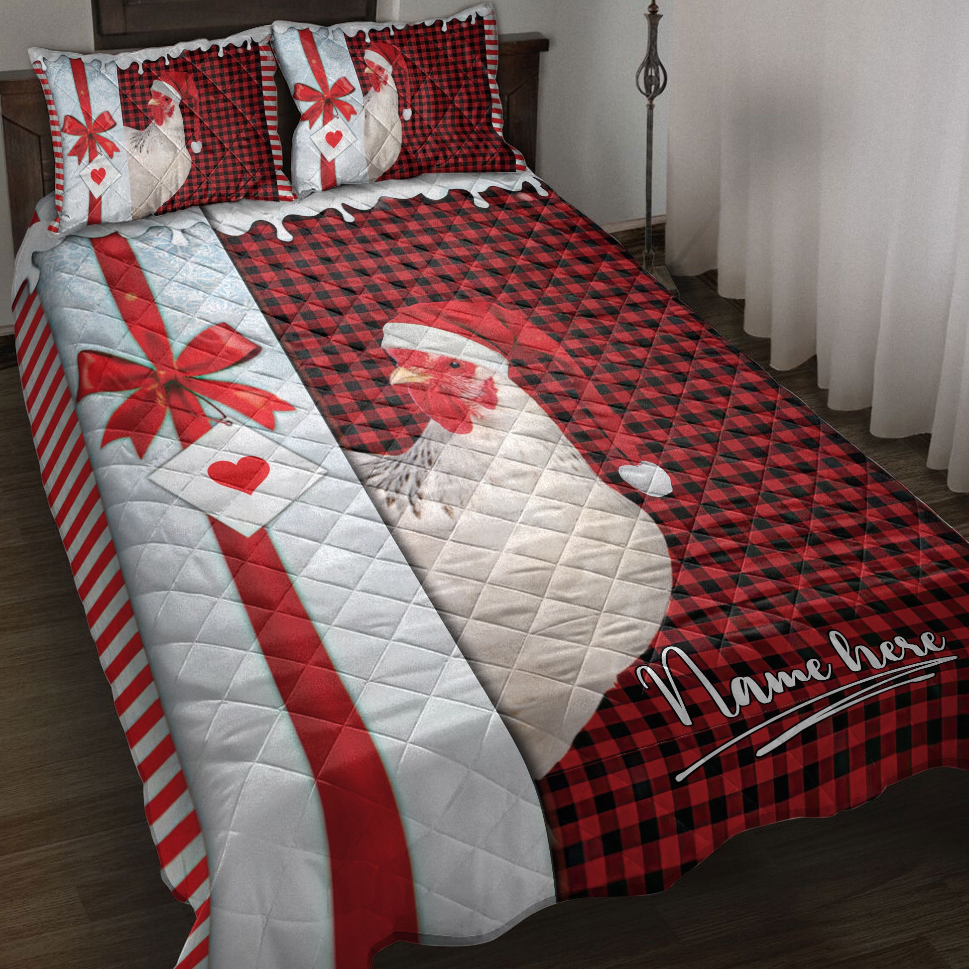 Ohaprints-Quilt-Bed-Set-Pillowcase-Chicken-Santa-Hat-With-Christmas-Letter-Custom-Personalized-Name-Blanket-Bedspread-Bedding-4010-Throw (55'' x 60'')