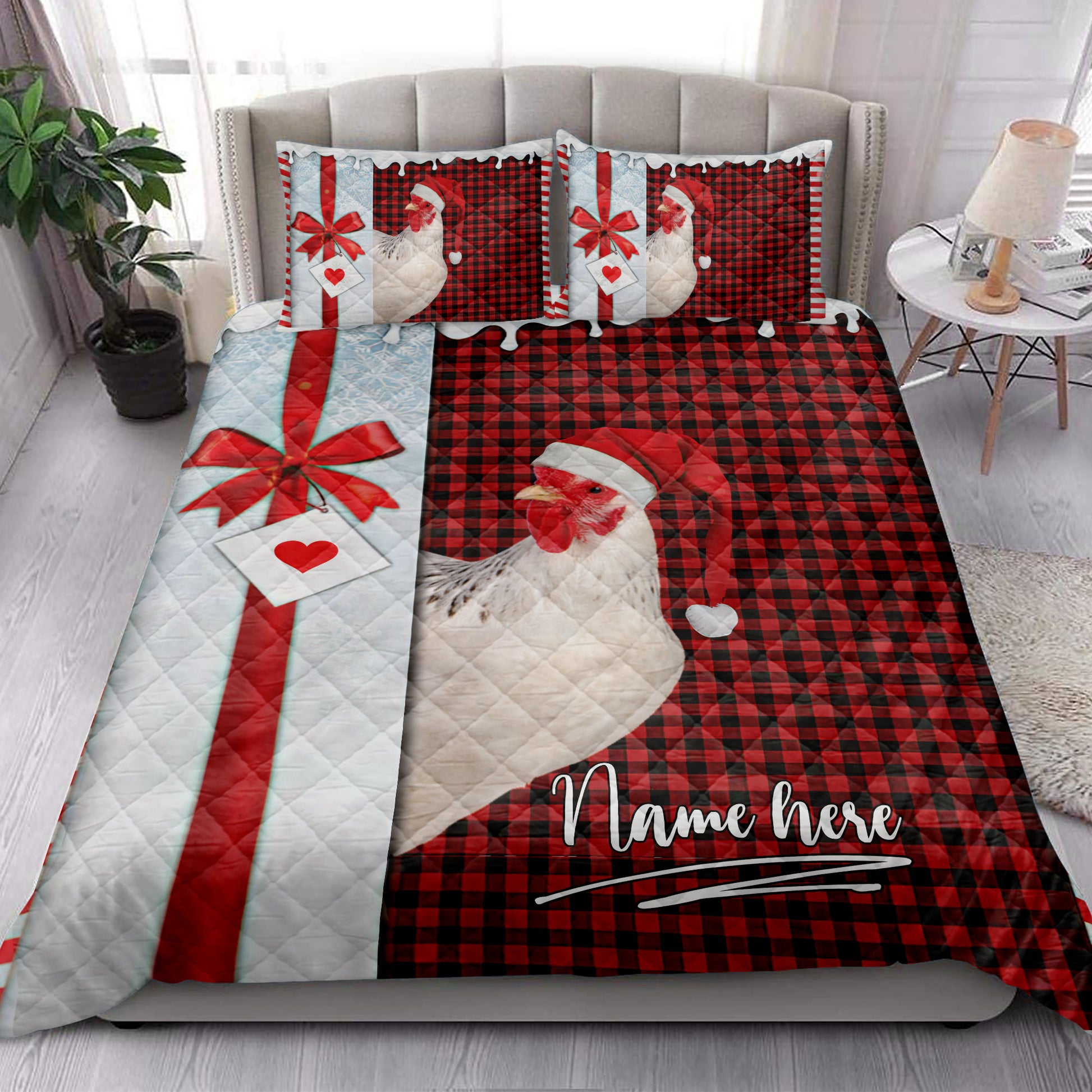 Ohaprints-Quilt-Bed-Set-Pillowcase-Chicken-Santa-Hat-With-Christmas-Letter-Custom-Personalized-Name-Blanket-Bedspread-Bedding-4010-King (90'' x 100'')