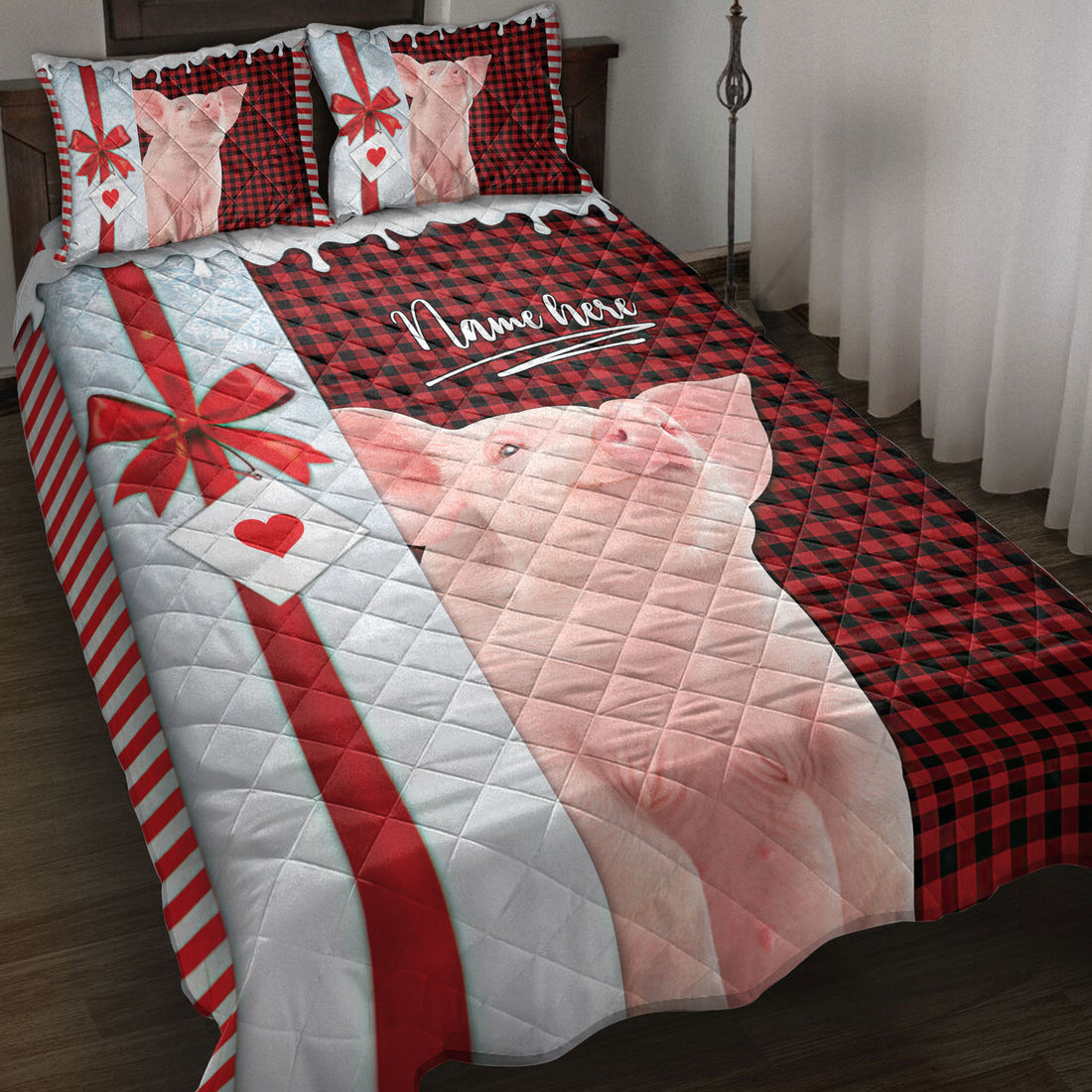 Ohaprints-Quilt-Bed-Set-Pillowcase-Pig-Santa-Hat-With-Christmas-Letter-Custom-Personalized-Name-Blanket-Bedspread-Bedding-4011-Throw (55'' x 60'')