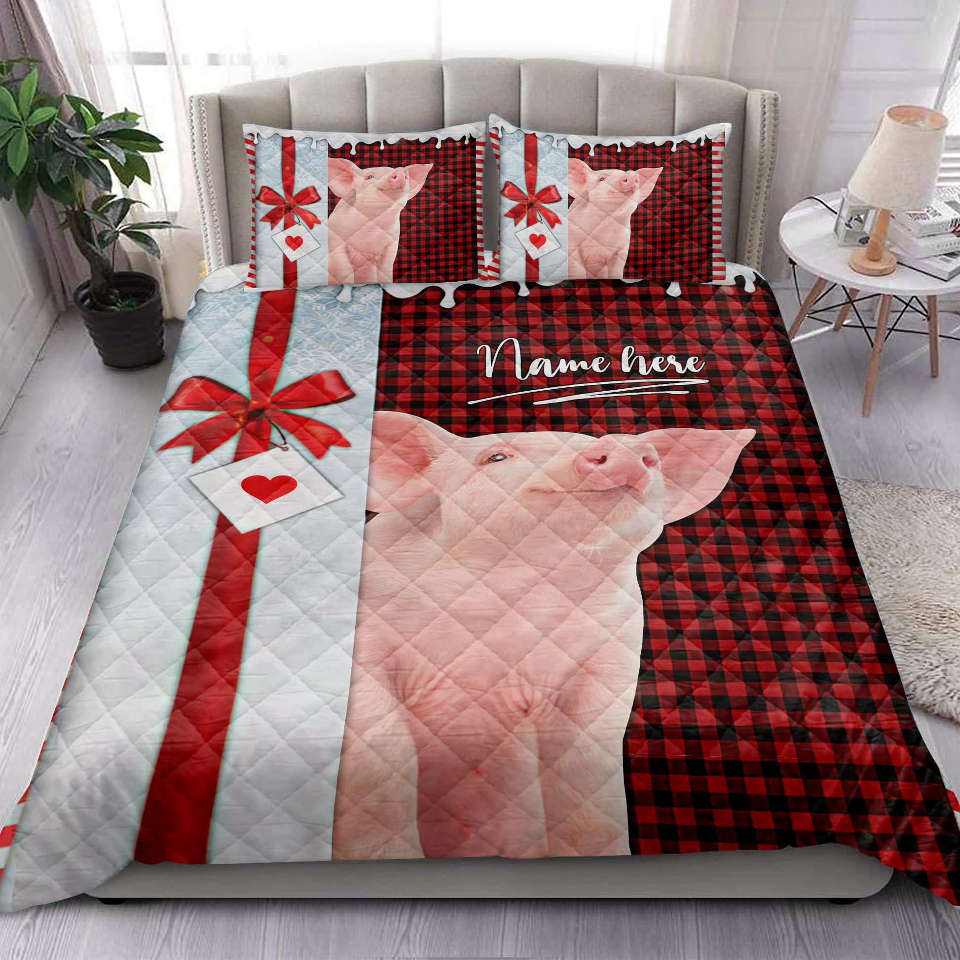 Ohaprints-Quilt-Bed-Set-Pillowcase-Pig-Santa-Hat-With-Christmas-Letter-Custom-Personalized-Name-Blanket-Bedspread-Bedding-4011-King (90'' x 100'')