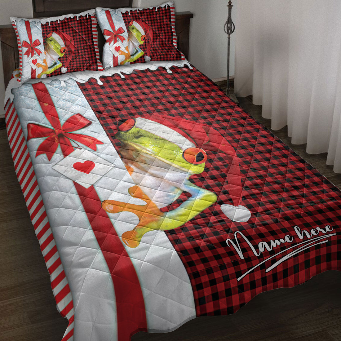 Ohaprints-Quilt-Bed-Set-Pillowcase-Frog-Santa-Hat-With-Christmas-Letter-Custom-Personalized-Name-Blanket-Bedspread-Bedding-4014-Throw (55'' x 60'')