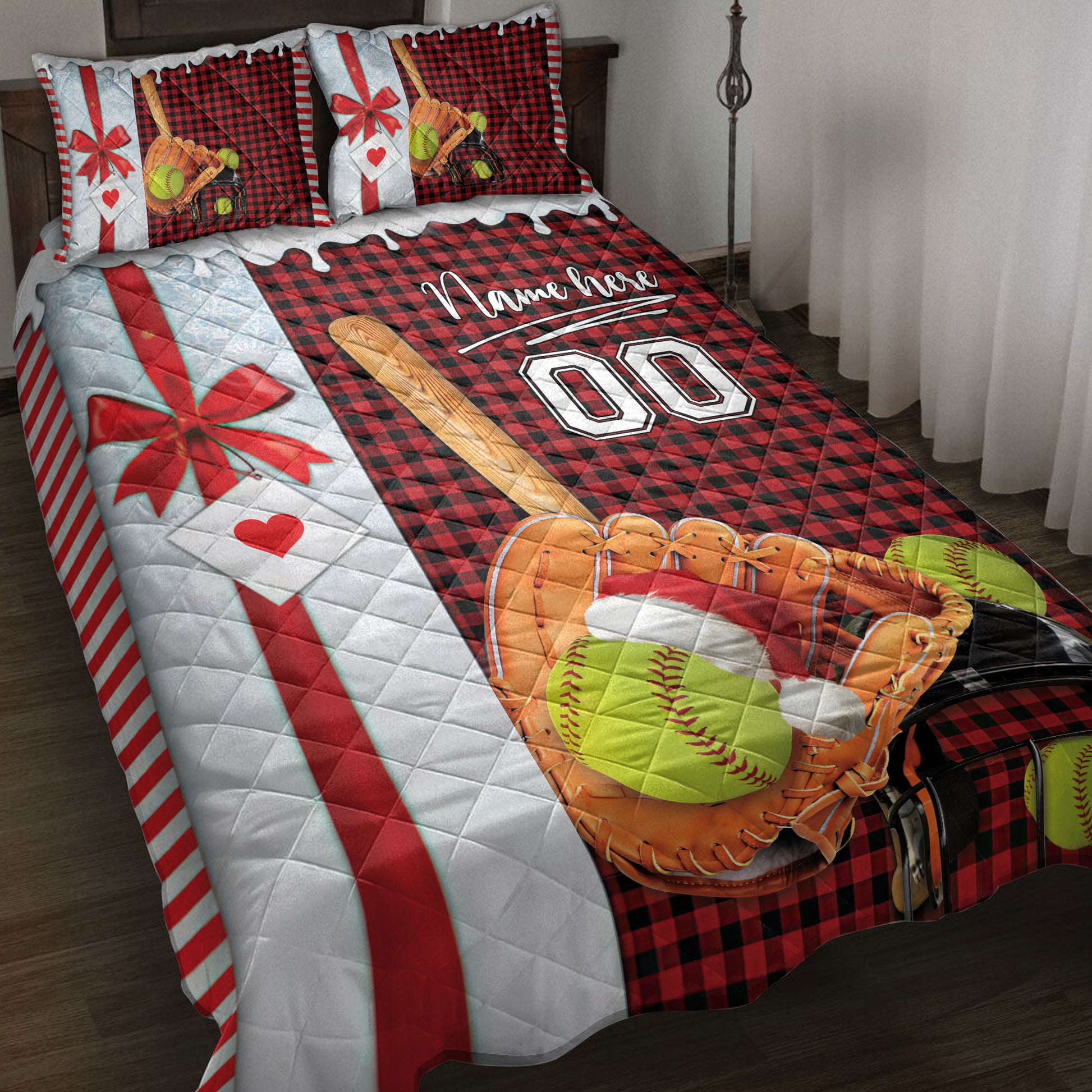 Ohaprints-Quilt-Bed-Set-Pillowcase-Softball-Santa-Hat-With-Christmas-Custom-Personalized-Name-Number-Blanket-Bedspread-Bedding-4015-Throw (55'' x 60'')