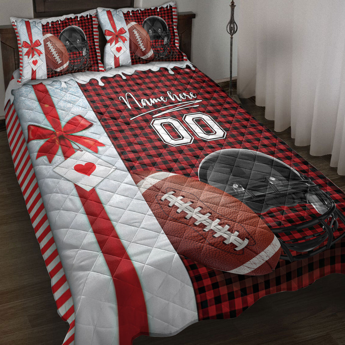 Ohaprints-Quilt-Bed-Set-Pillowcase-Football-Santa-Hat-With-Christmas-Custom-Personalized-Name-Number-Blanket-Bedspread-Bedding-4017-Throw (55'' x 60'')