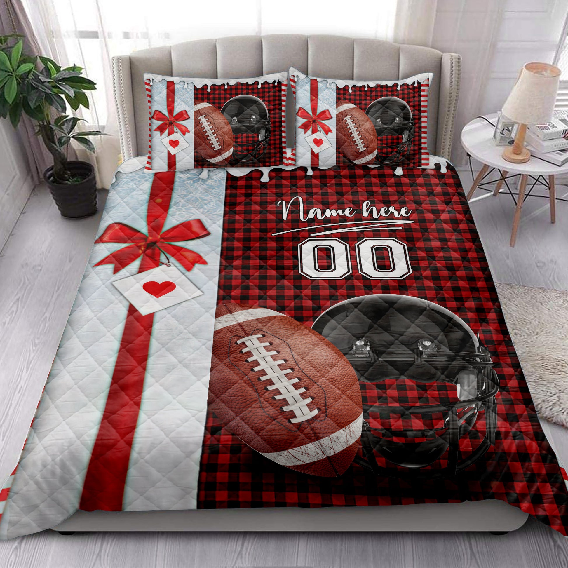 Ohaprints-Quilt-Bed-Set-Pillowcase-Football-Santa-Hat-With-Christmas-Custom-Personalized-Name-Number-Blanket-Bedspread-Bedding-4017-King (90'' x 100'')