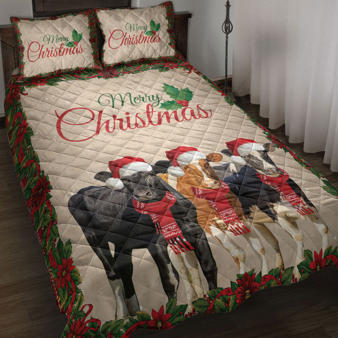 Ohaprints-Quilt-Bed-Set-Pillowcase-Merry-Christmas-Cow-Cattle-With-Santa-Hat-Unique-Gift-For-Cow-Lover-Blanket-Bedspread-Bedding-4023-Throw (55'' x 60'')