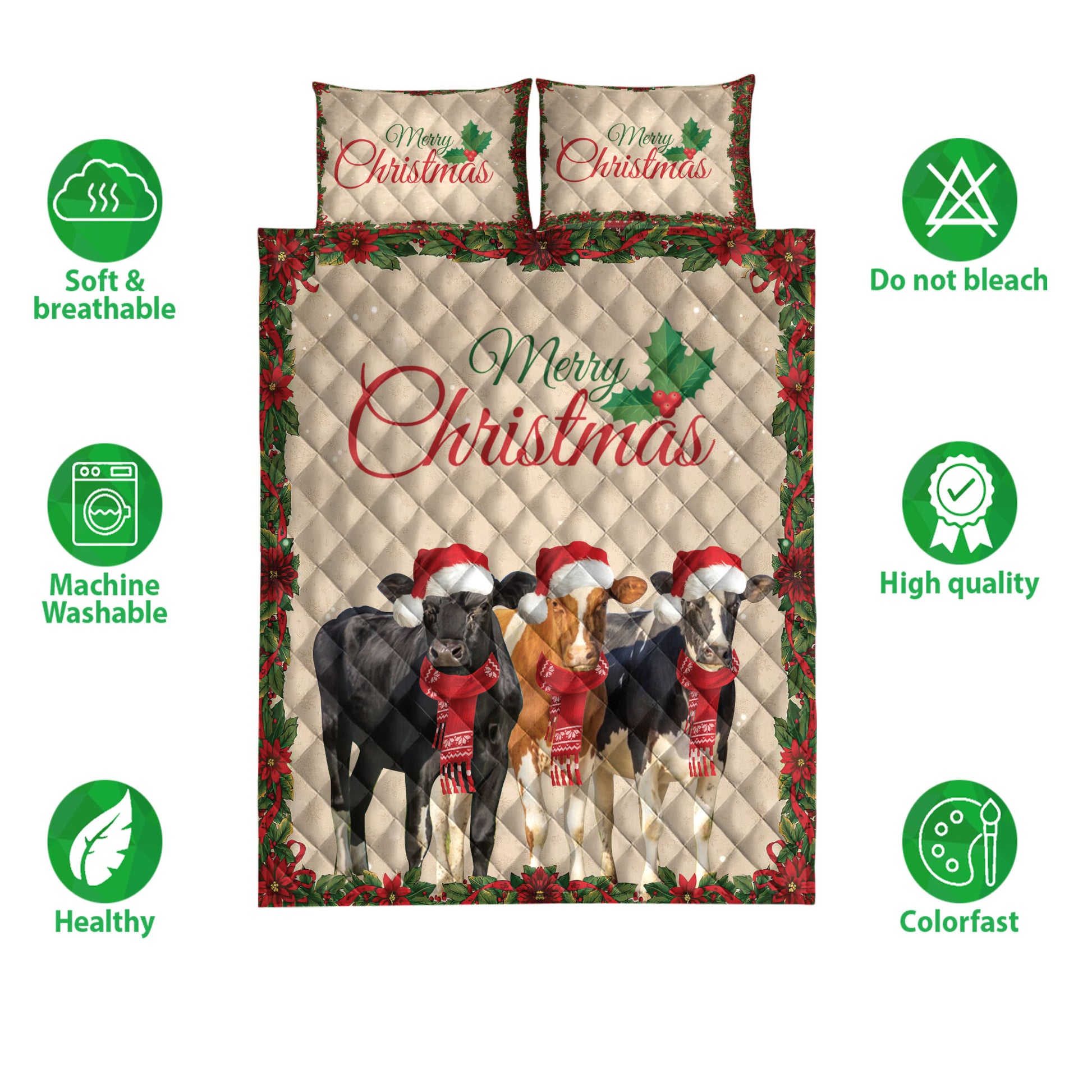 Ohaprints-Quilt-Bed-Set-Pillowcase-Merry-Christmas-Cow-Cattle-With-Santa-Hat-Unique-Gift-For-Cow-Lover-Blanket-Bedspread-Bedding-4023-Double (70'' x 80'')