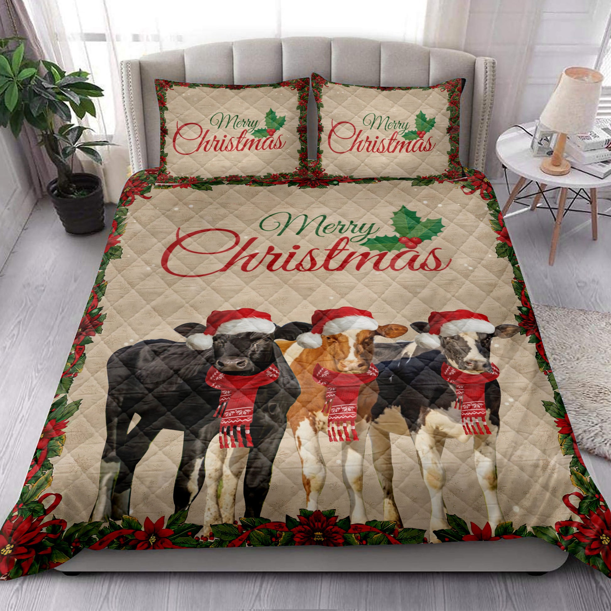 Ohaprints-Quilt-Bed-Set-Pillowcase-Merry-Christmas-Cow-Cattle-With-Santa-Hat-Unique-Gift-For-Cow-Lover-Blanket-Bedspread-Bedding-4023-King (90'' x 100'')