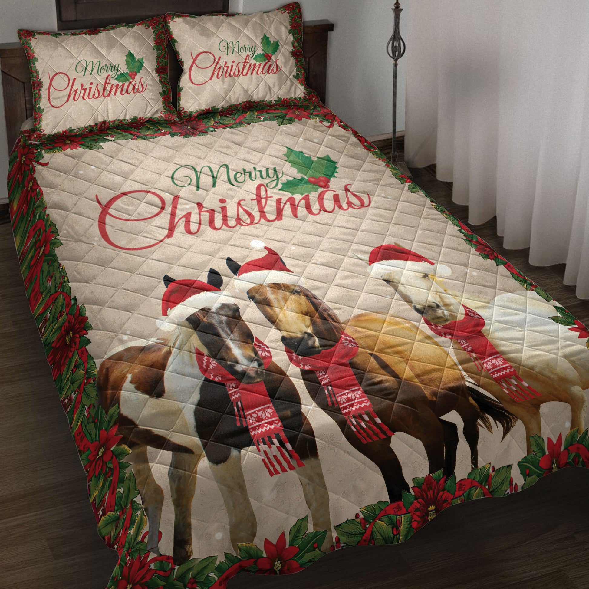 Ohaprints-Quilt-Bed-Set-Pillowcase-Merry-Christmas-Horse-With-Santa-Hat-Gift-For-Horse-Lover-Blanket-Bedspread-Bedding-4024-Throw (55'' x 60'')