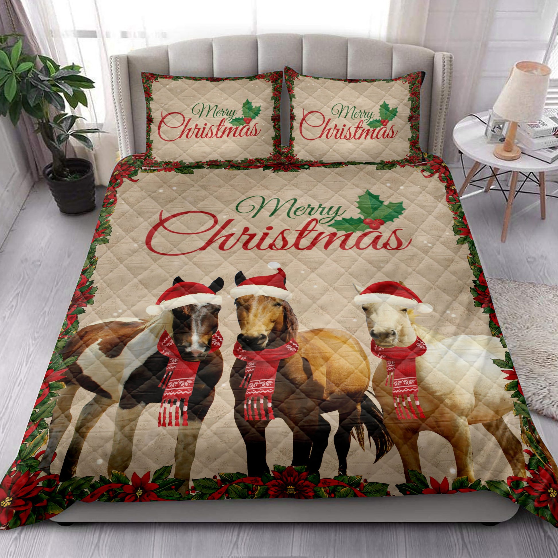 Ohaprints-Quilt-Bed-Set-Pillowcase-Merry-Christmas-Horse-With-Santa-Hat-Gift-For-Horse-Lover-Blanket-Bedspread-Bedding-4024-King (90'' x 100'')