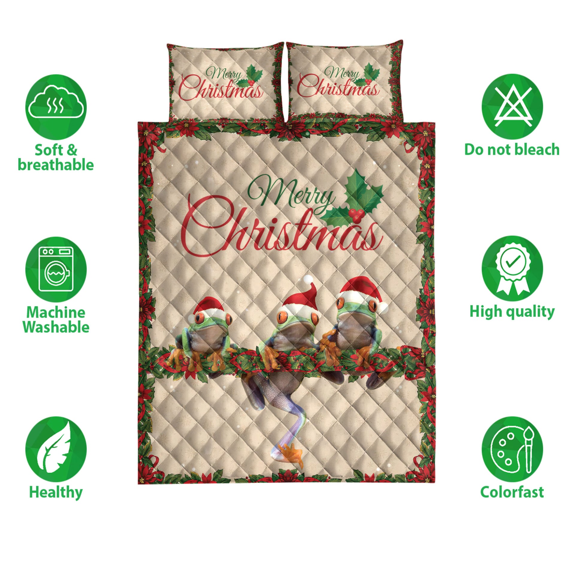 Ohaprints-Quilt-Bed-Set-Pillowcase-Merry-Christmas-Frog-With-Santa-Hat-Unique-Gift-For-Frog-Lover-Blanket-Bedspread-Bedding-4025-Double (70'' x 80'')