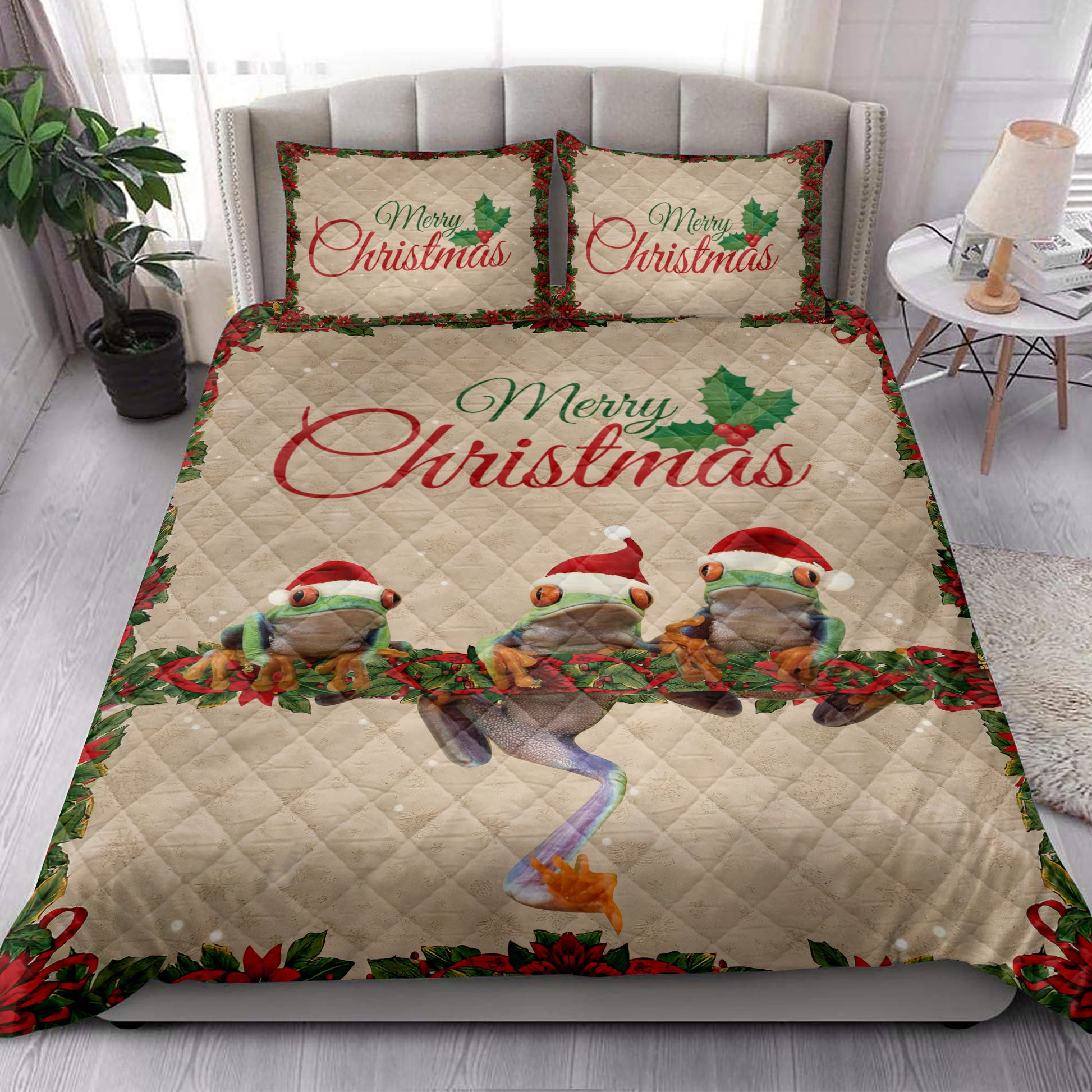 Ohaprints-Quilt-Bed-Set-Pillowcase-Merry-Christmas-Frog-With-Santa-Hat-Unique-Gift-For-Frog-Lover-Blanket-Bedspread-Bedding-4025-King (90'' x 100'')