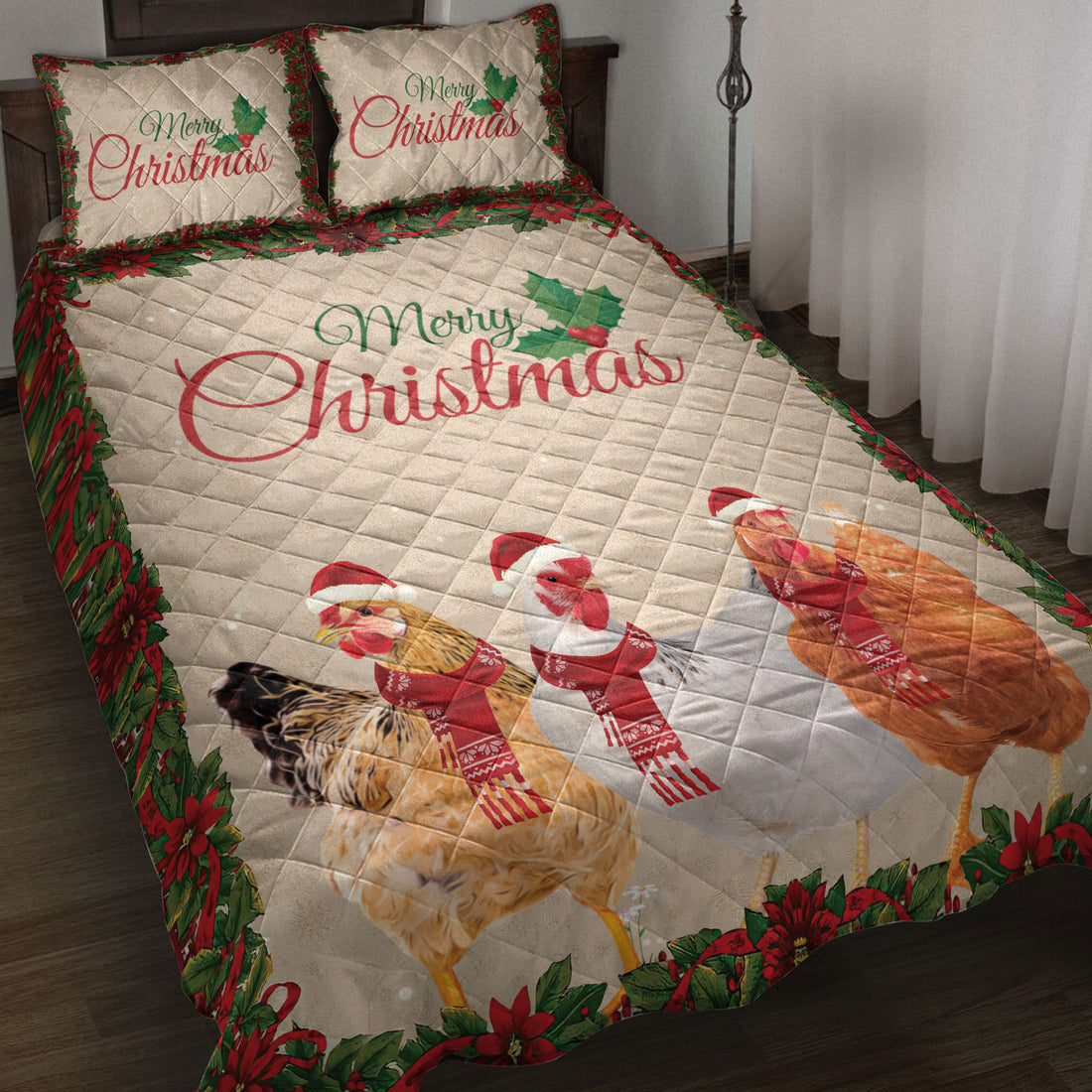 Ohaprints-Quilt-Bed-Set-Pillowcase-Merry-Christmas-Chicken-With-Santa-Hat-Unique-Gift-For-Chicken-Lover-Blanket-Bedspread-Bedding-4026-Throw (55'' x 60'')