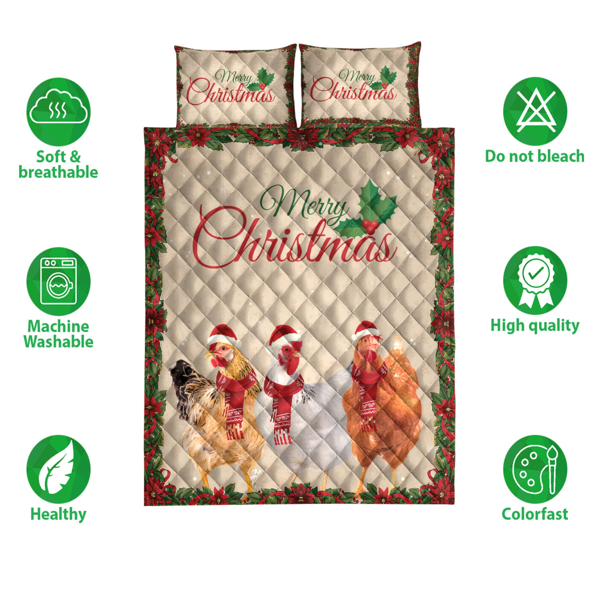 Ohaprints-Quilt-Bed-Set-Pillowcase-Merry-Christmas-Chicken-With-Santa-Hat-Unique-Gift-For-Chicken-Lover-Blanket-Bedspread-Bedding-4026-Double (70'' x 80'')