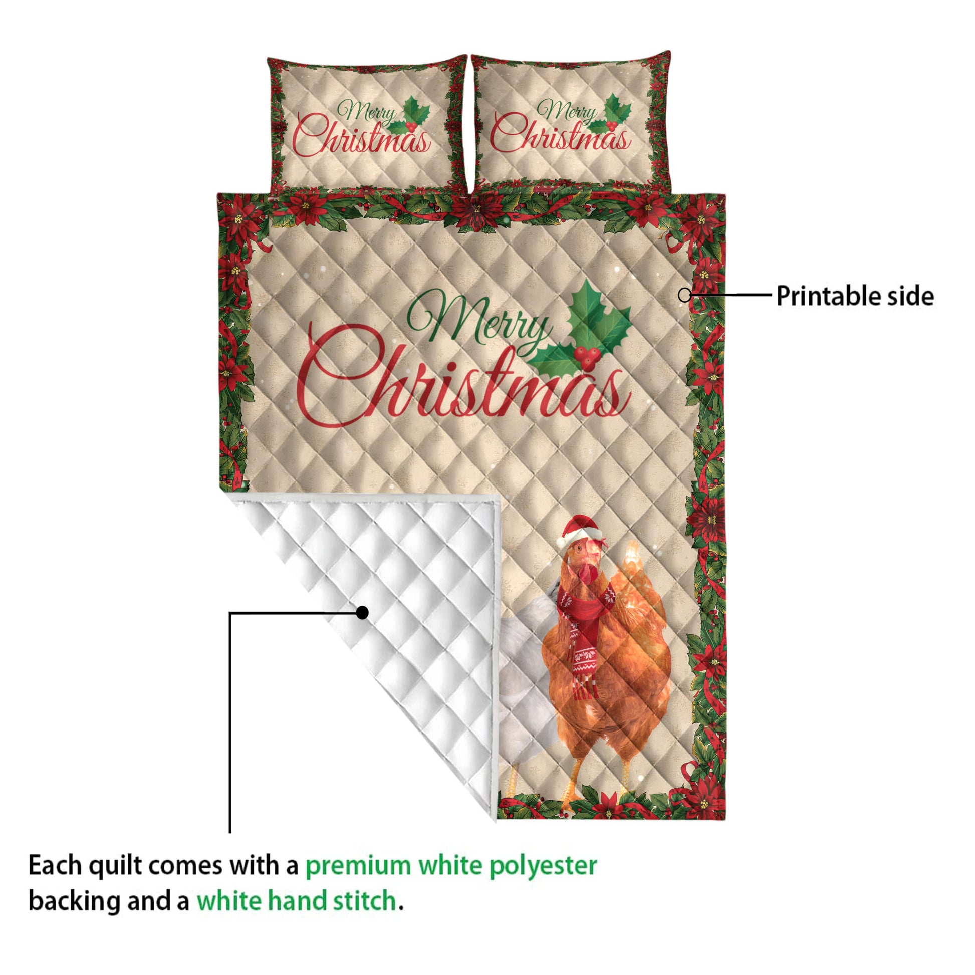 Ohaprints-Quilt-Bed-Set-Pillowcase-Merry-Christmas-Chicken-With-Santa-Hat-Unique-Gift-For-Chicken-Lover-Blanket-Bedspread-Bedding-4026-Queen (80'' x 90'')