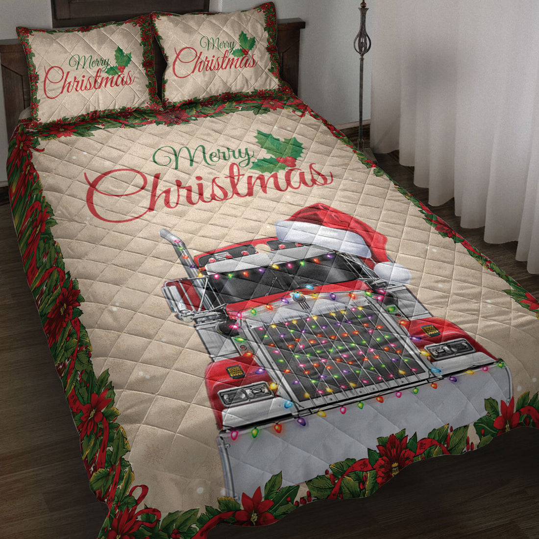 Ohaprints-Quilt-Bed-Set-Pillowcase-Merry-Christmas-Red-Truck-With-Santa-Hat-Unique-Gift-For-Trucker-Blanket-Bedspread-Bedding-4027-Throw (55'' x 60'')