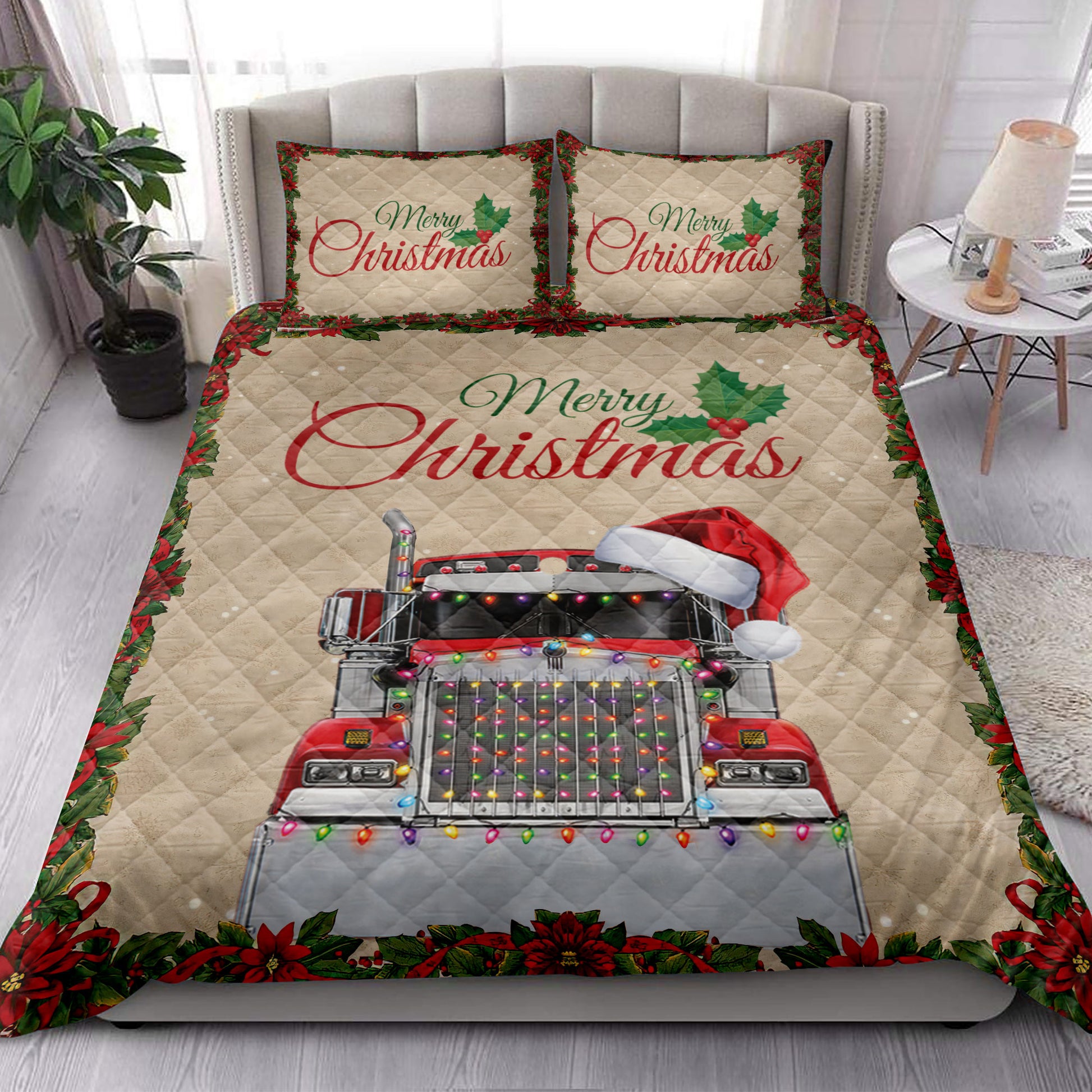 Ohaprints-Quilt-Bed-Set-Pillowcase-Merry-Christmas-Red-Truck-With-Santa-Hat-Unique-Gift-For-Trucker-Blanket-Bedspread-Bedding-4027-King (90'' x 100'')