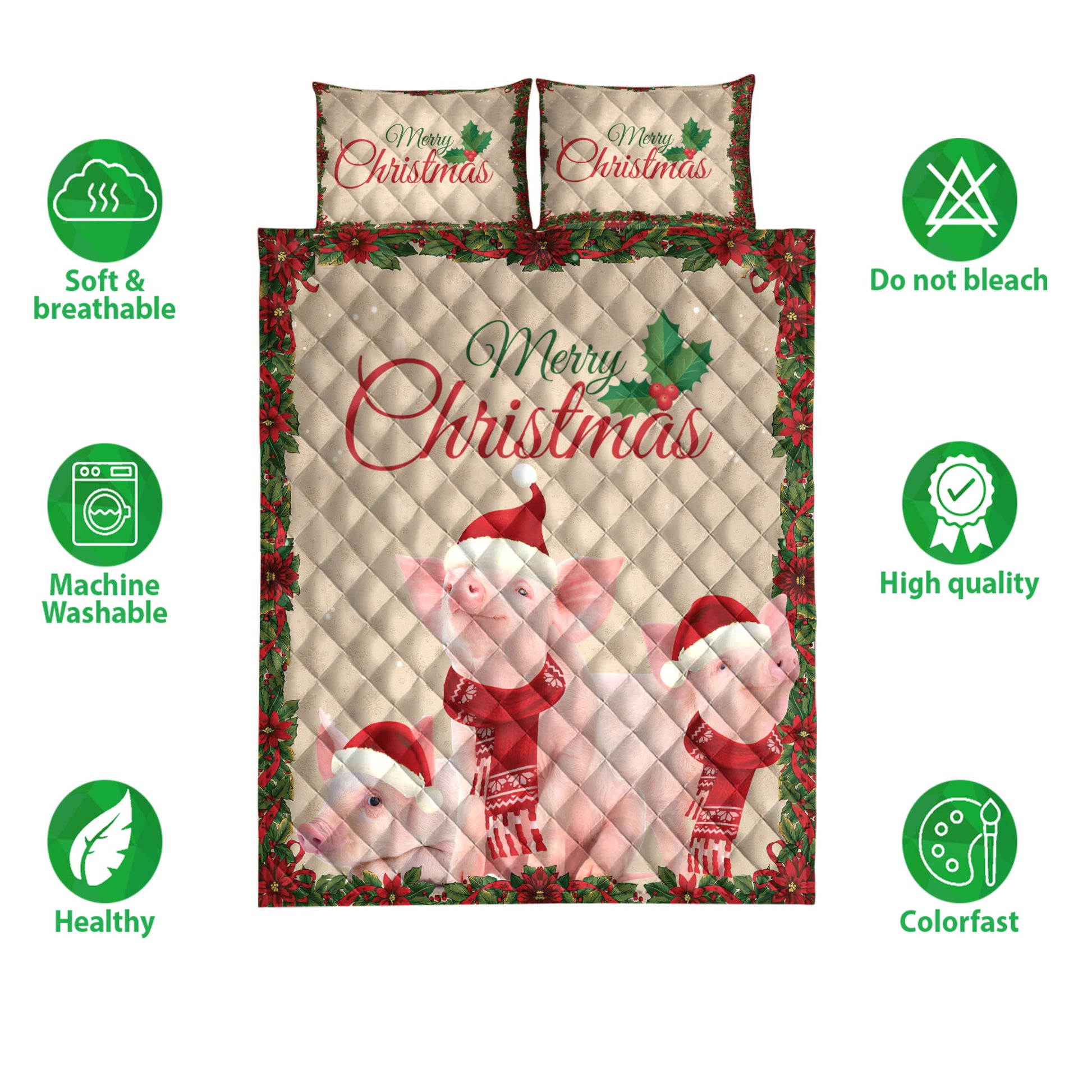 Ohaprints-Quilt-Bed-Set-Pillowcase-Merry-Christmas-Pig-With-Santa-Hat-Unique-Gift-For-Pig-Lover-Blanket-Bedspread-Bedding-4028-Double (70'' x 80'')