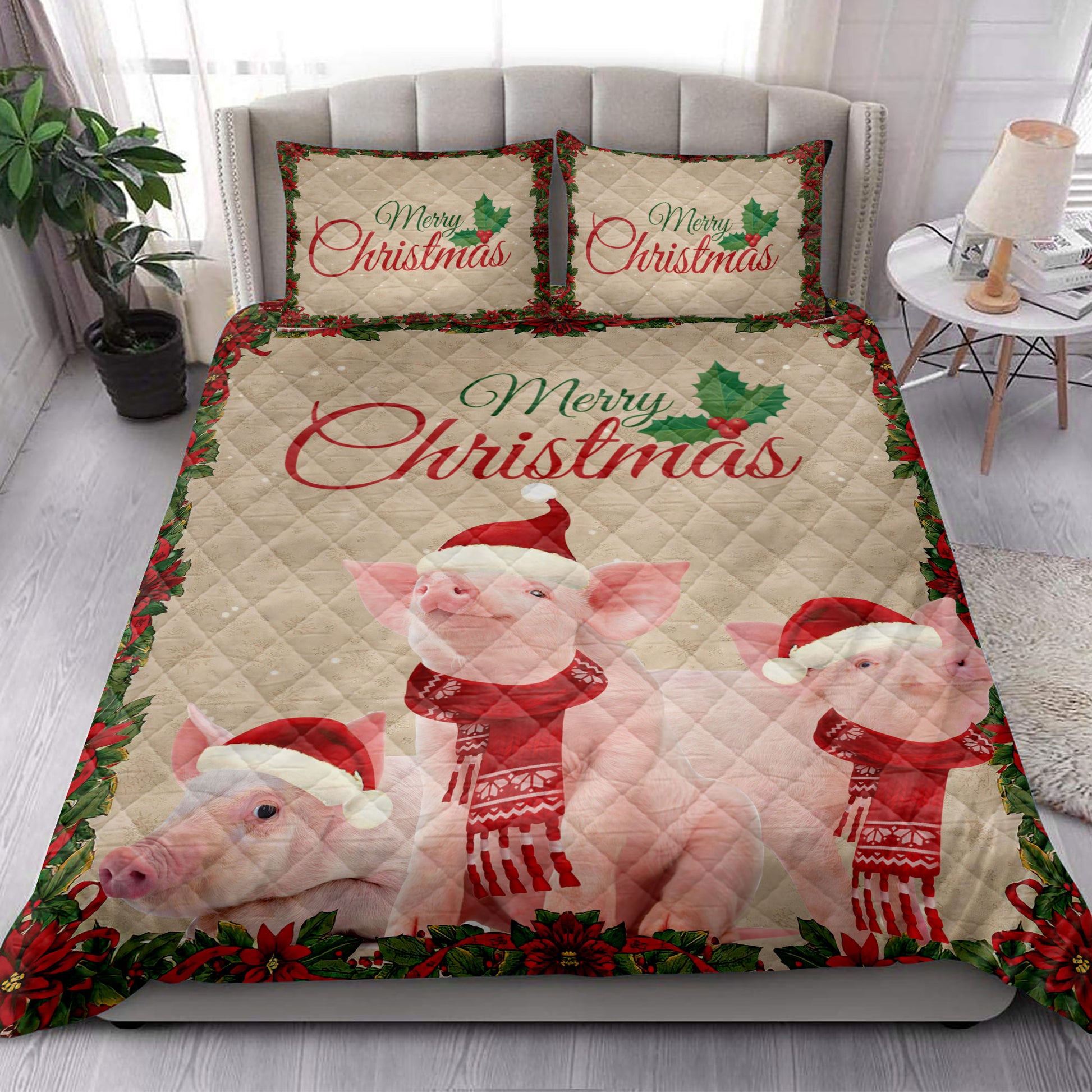 Ohaprints-Quilt-Bed-Set-Pillowcase-Merry-Christmas-Pig-With-Santa-Hat-Unique-Gift-For-Pig-Lover-Blanket-Bedspread-Bedding-4028-King (90'' x 100'')