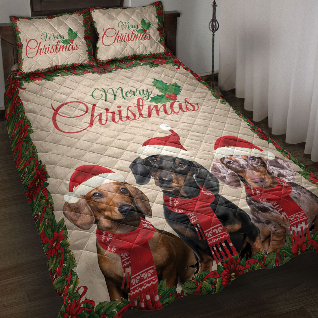 Ohaprints-Quilt-Bed-Set-Pillowcase-Merry-Christmas-Dachshund-With-Santa-Hat-Unique-Gift-For-Dog-Lover-Blanket-Bedspread-Bedding-4029-Throw (55'' x 60'')