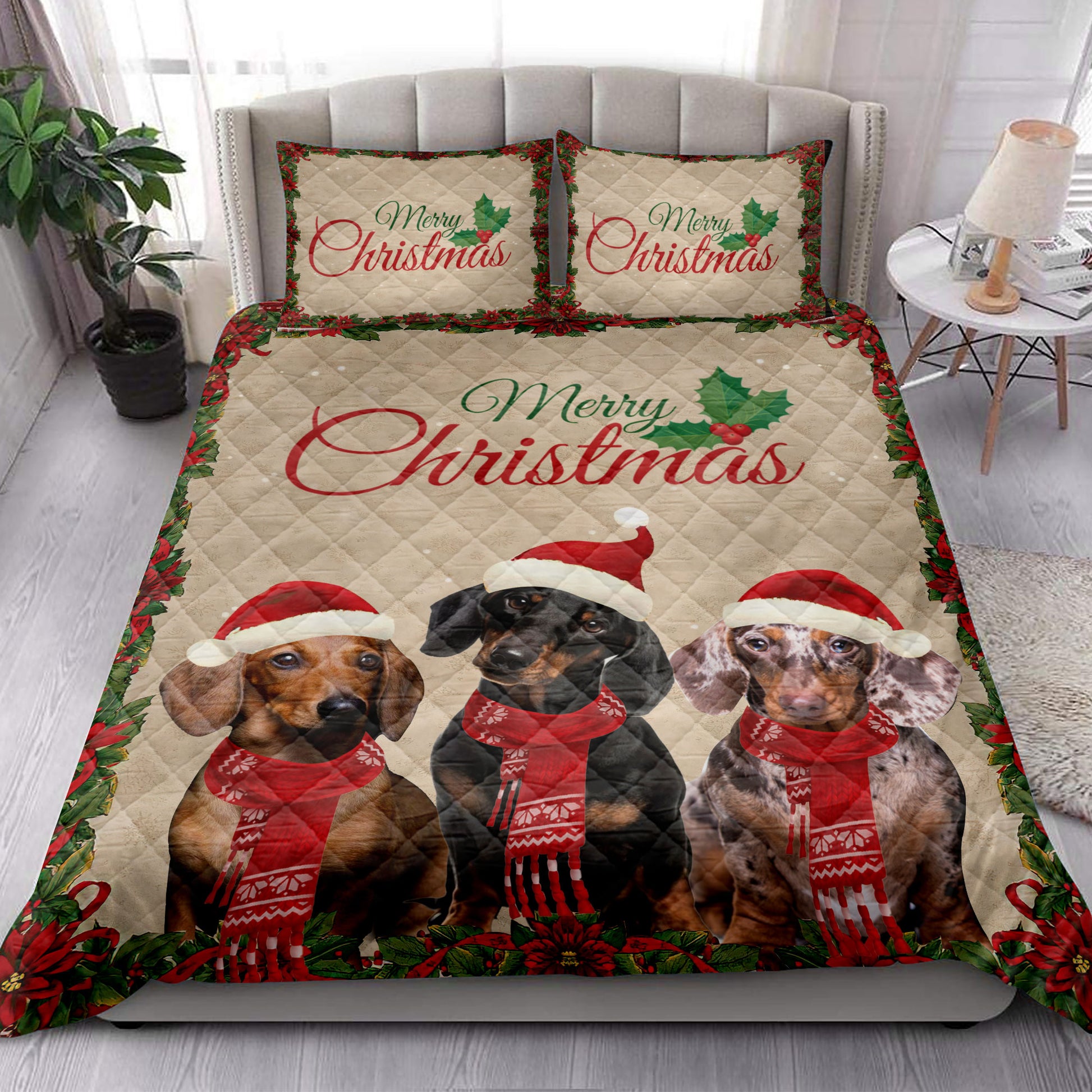 Ohaprints-Quilt-Bed-Set-Pillowcase-Merry-Christmas-Dachshund-With-Santa-Hat-Unique-Gift-For-Dog-Lover-Blanket-Bedspread-Bedding-4029-King (90'' x 100'')