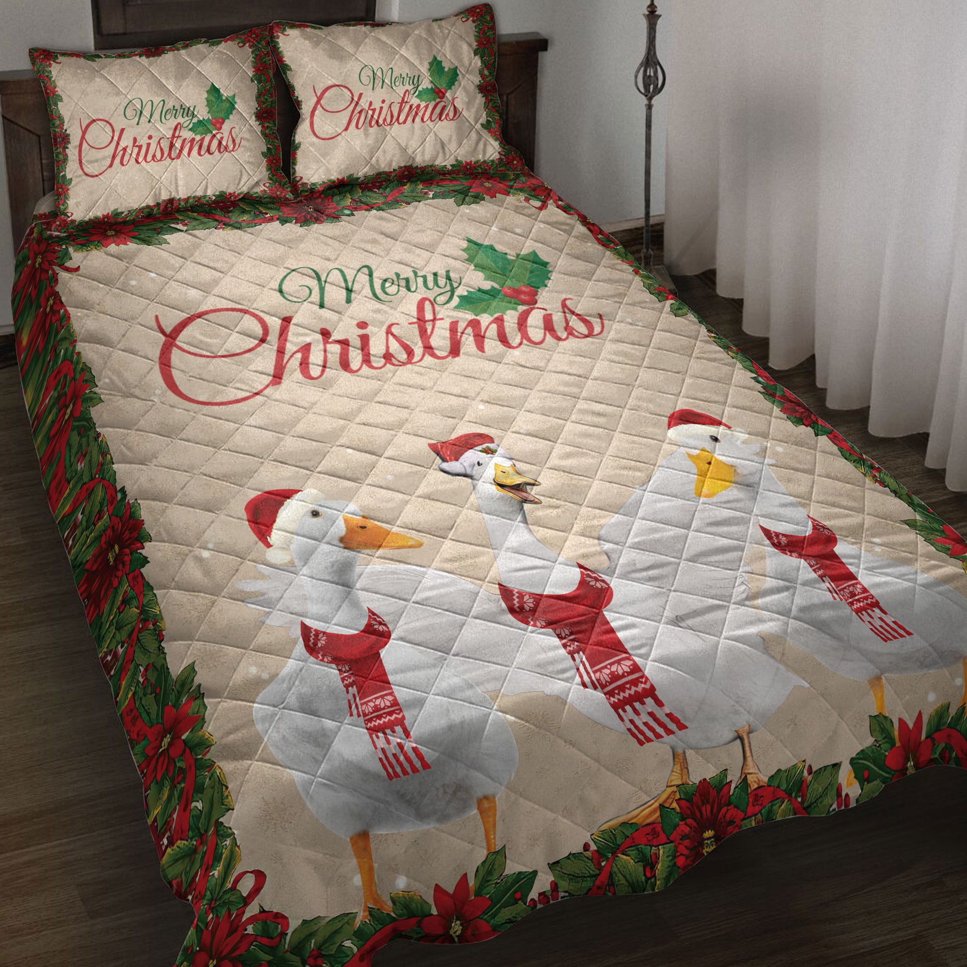 Ohaprints-Quilt-Bed-Set-Pillowcase-Merry-Christmas-Duck-With-Santa-Hat-Unique-Gift-For-Duck-Lover-Blanket-Bedspread-Bedding-4030-Throw (55'' x 60'')