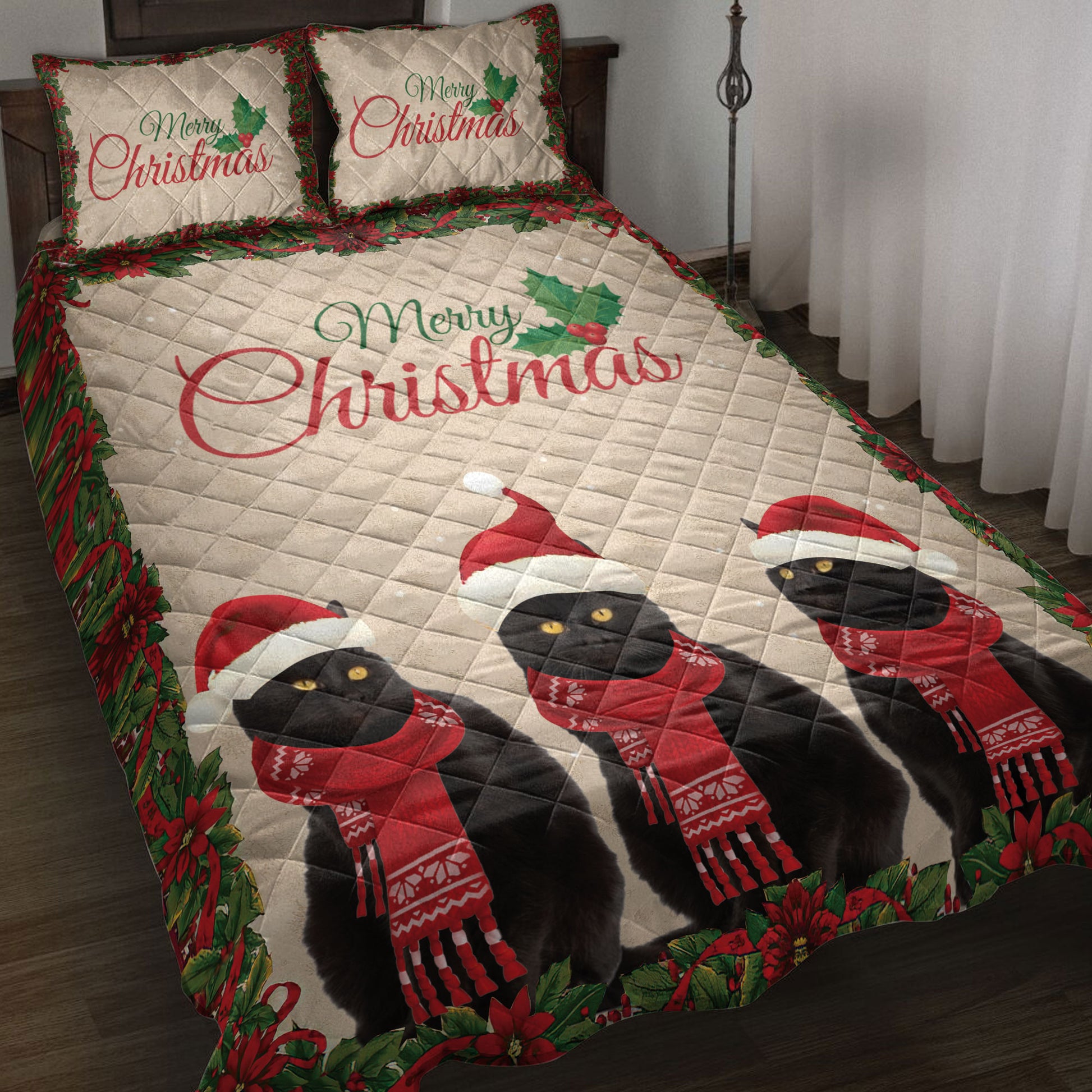 Ohaprints-Quilt-Bed-Set-Pillowcase-Merry-Christmas-Black-Cat-With-Santa-Hat-Unique-Gift-For-Cat-Lover-Blanket-Bedspread-Bedding-4031-Throw (55'' x 60'')