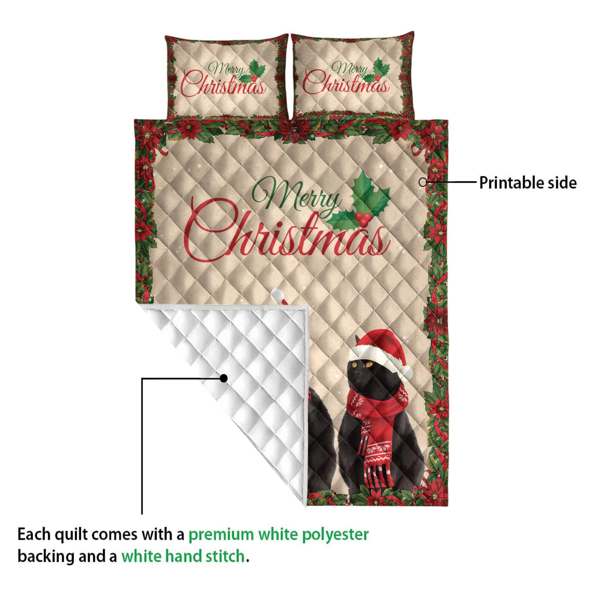 Ohaprints-Quilt-Bed-Set-Pillowcase-Merry-Christmas-Black-Cat-With-Santa-Hat-Unique-Gift-For-Cat-Lover-Blanket-Bedspread-Bedding-4031-Queen (80'' x 90'')