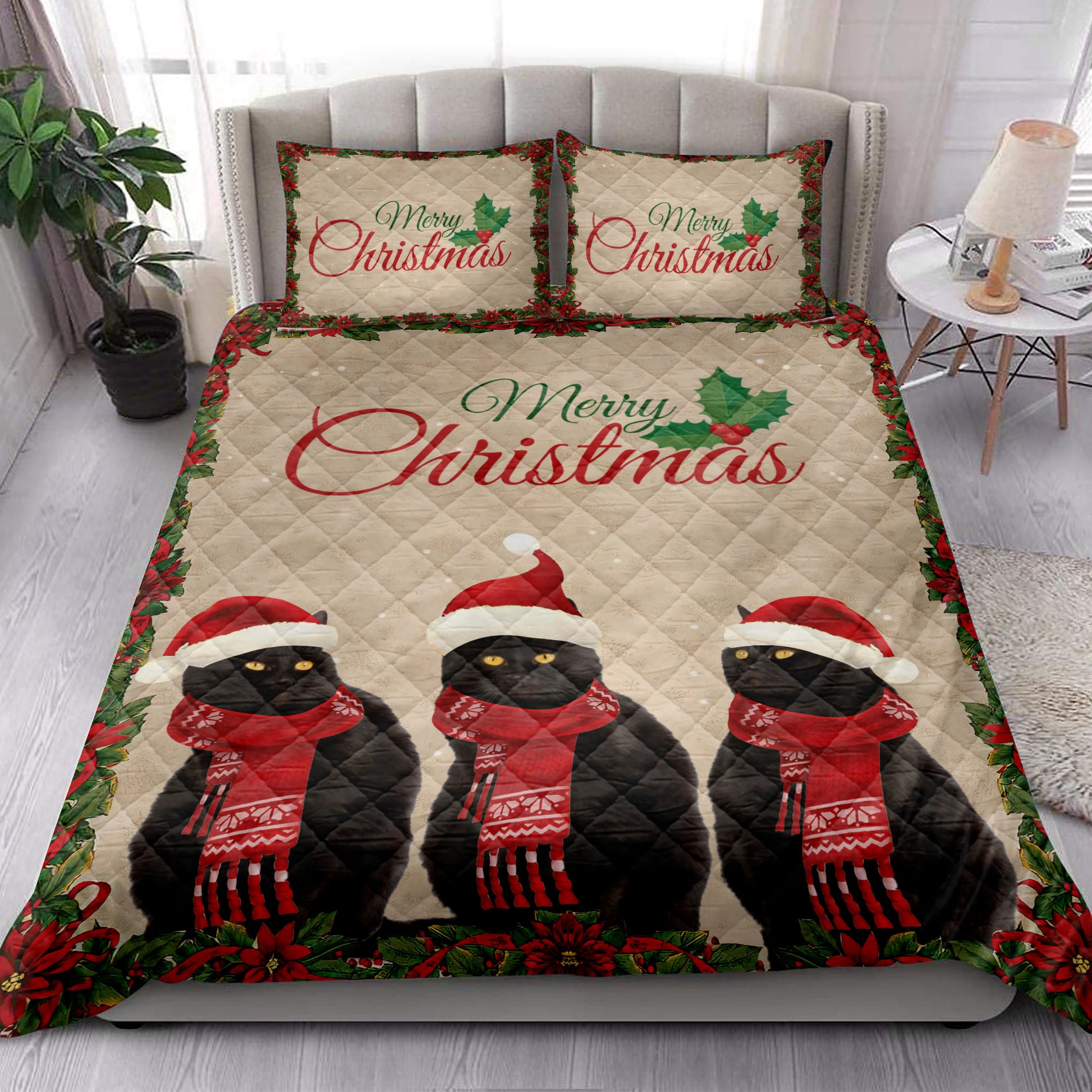 Ohaprints-Quilt-Bed-Set-Pillowcase-Merry-Christmas-Black-Cat-With-Santa-Hat-Unique-Gift-For-Cat-Lover-Blanket-Bedspread-Bedding-4031-King (90'' x 100'')