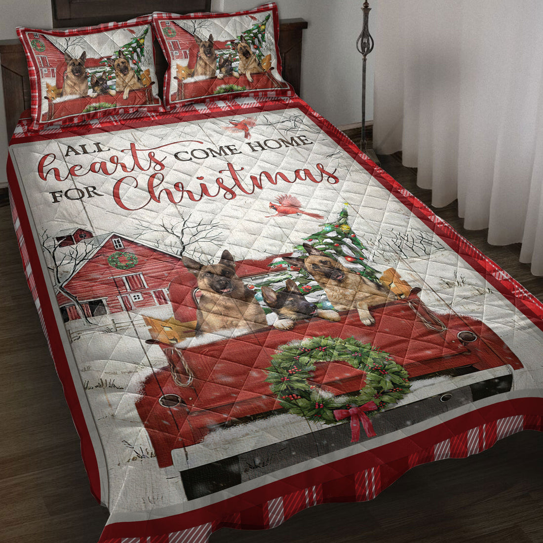 Ohaprints-Quilt-Bed-Set-Pillowcase-German-Shepherd-With-Truck-Christmas-Tree-Cozy-Farmhouse-Red-Plaid-Blanket-Bedspread-Bedding-3933-Throw (55'' x 60'')