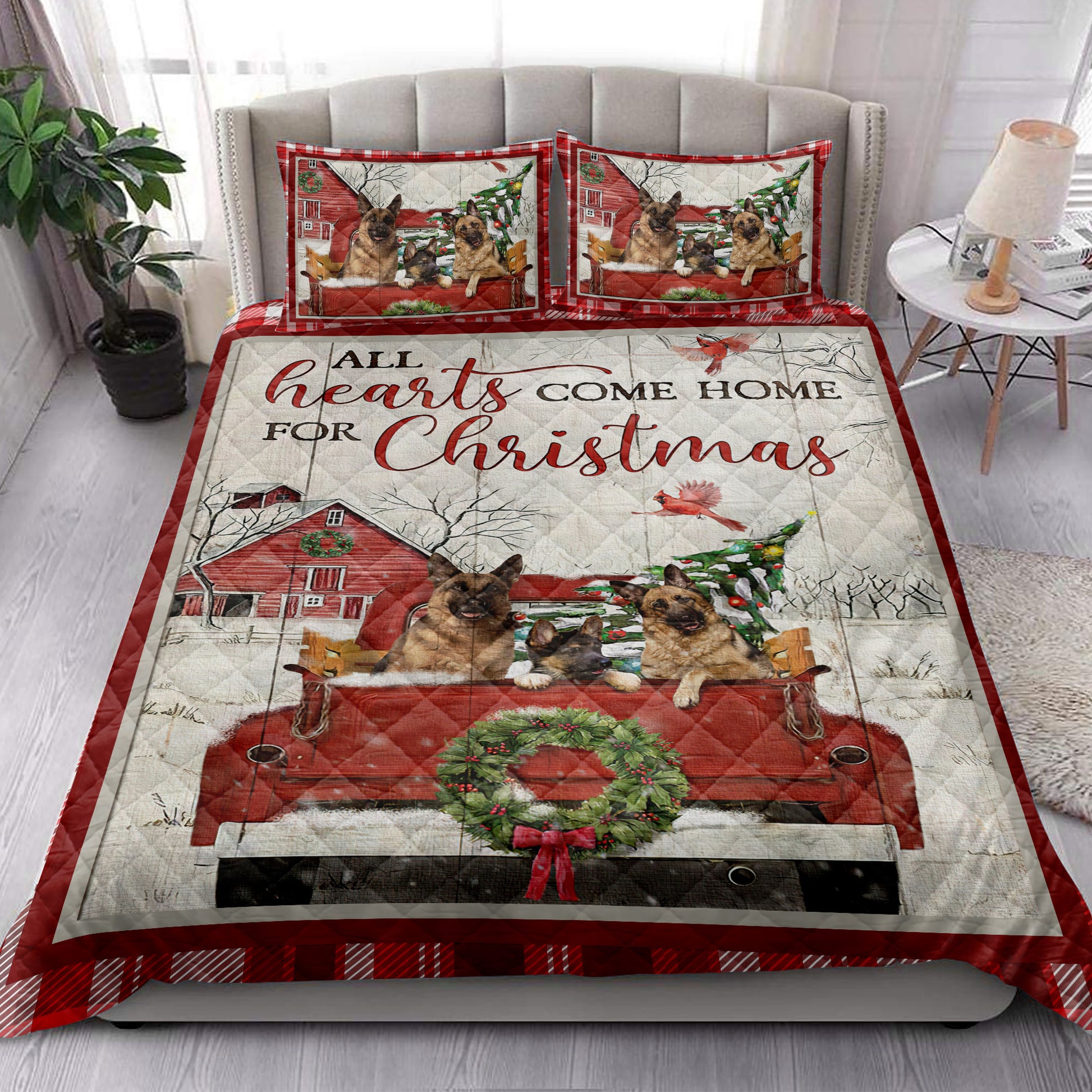 Ohaprints-Quilt-Bed-Set-Pillowcase-German-Shepherd-With-Truck-Christmas-Tree-Cozy-Farmhouse-Red-Plaid-Blanket-Bedspread-Bedding-3933-King (90'' x 100'')