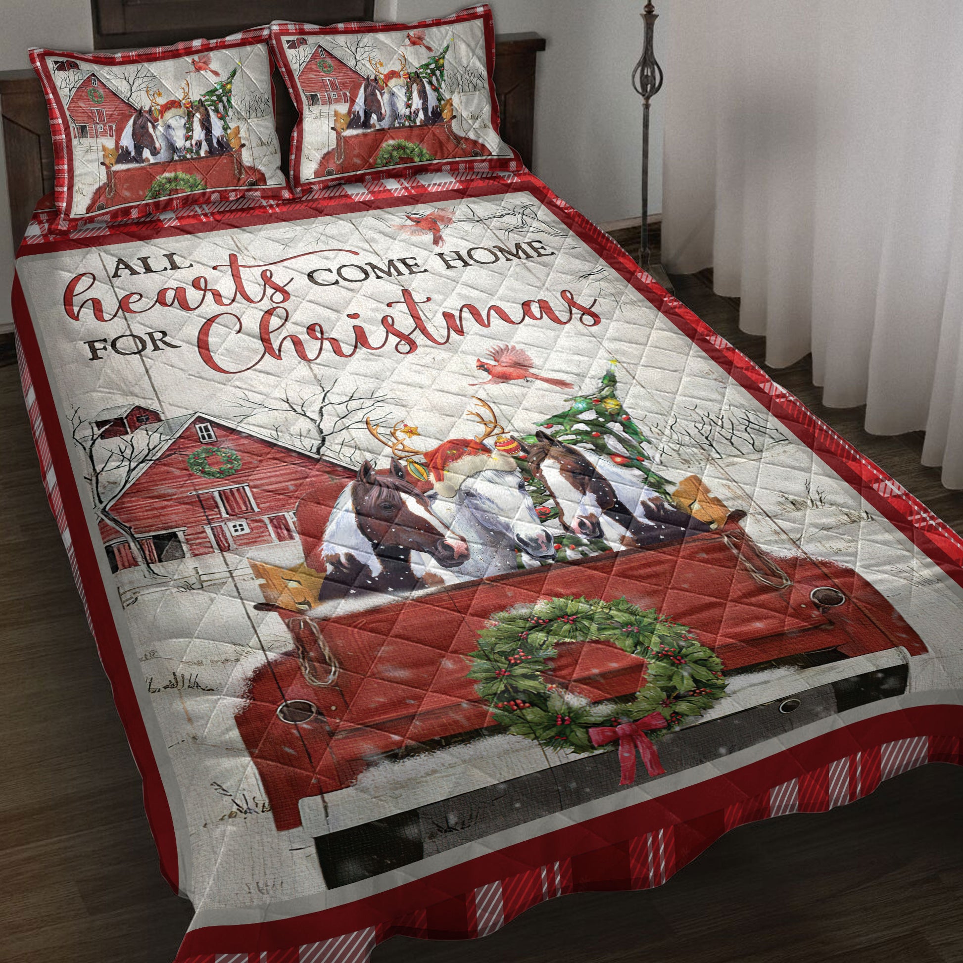 Ohaprints-Quilt-Bed-Set-Pillowcase-Horse-With-Truck-Christmas-Tree-Snowflake-Cozy-Farmhouse-Red-Plaid-Blanket-Bedspread-Bedding-3934-Throw (55'' x 60'')